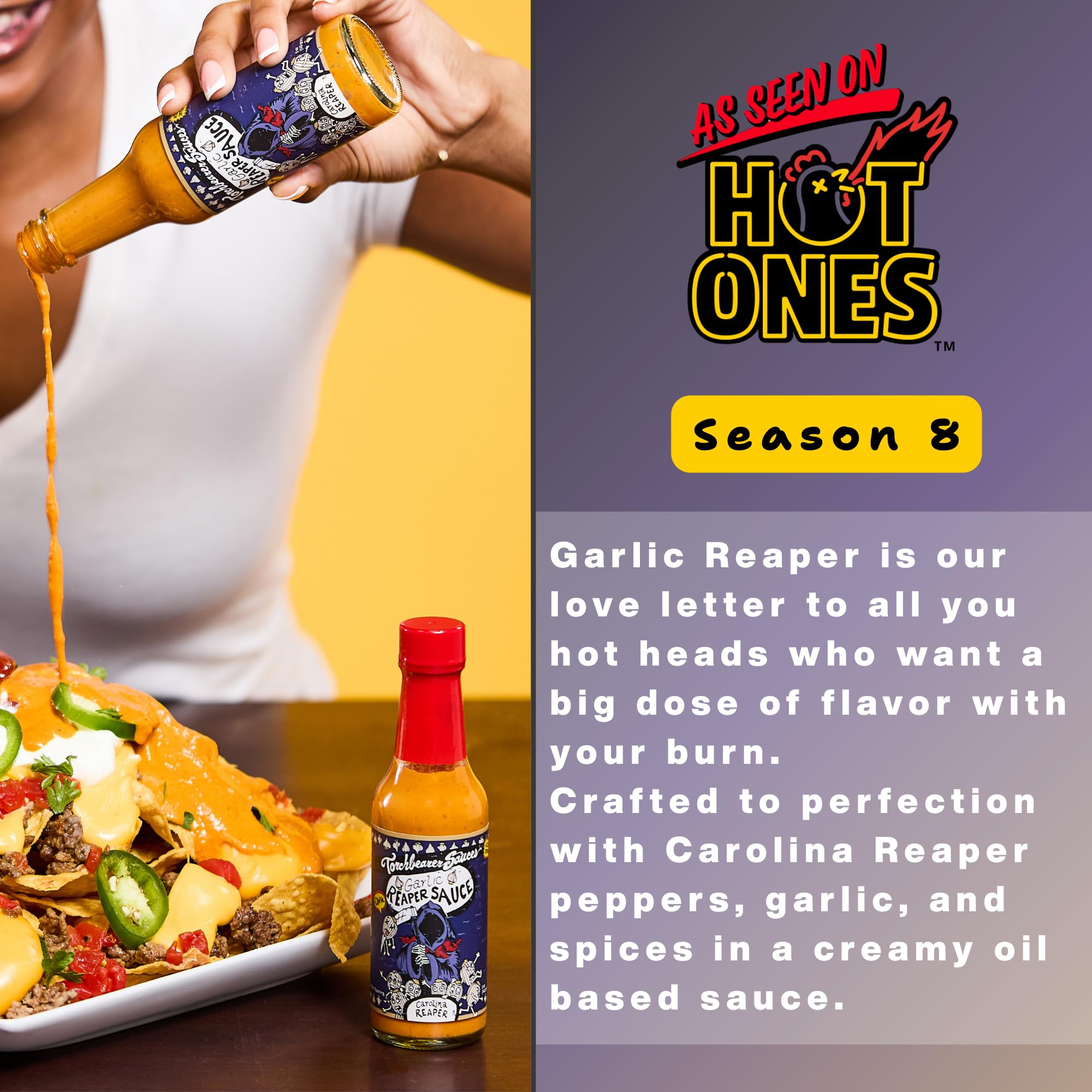 Torchbearer Sauces Garlic Reaper Sauce, 5oz Garlic & Carolina Reaper Hot Sauce, Heat Level 9 - Featured on Hot Ones - All Natural, Extract-Free, Made in USA