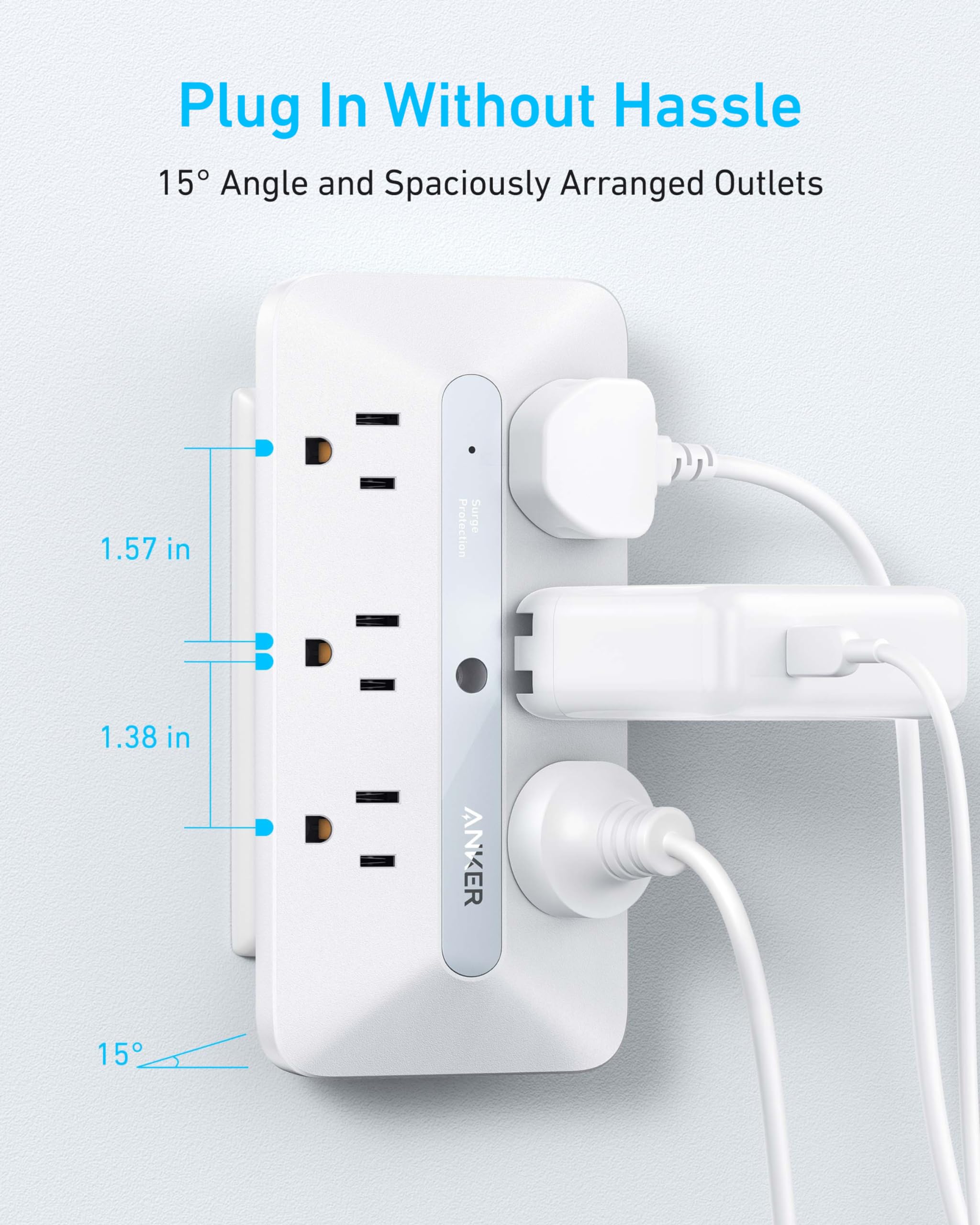 Anker Wall Charger, 300J Surge Protector, 10-in-1 Outlet Extender, 6 AC, 2 USB A, 2 USB C Ports, Wide-Spaced Outlets and 20W Fast Charging, Desk Charging Station, Home Office, Dorm, Room Essential