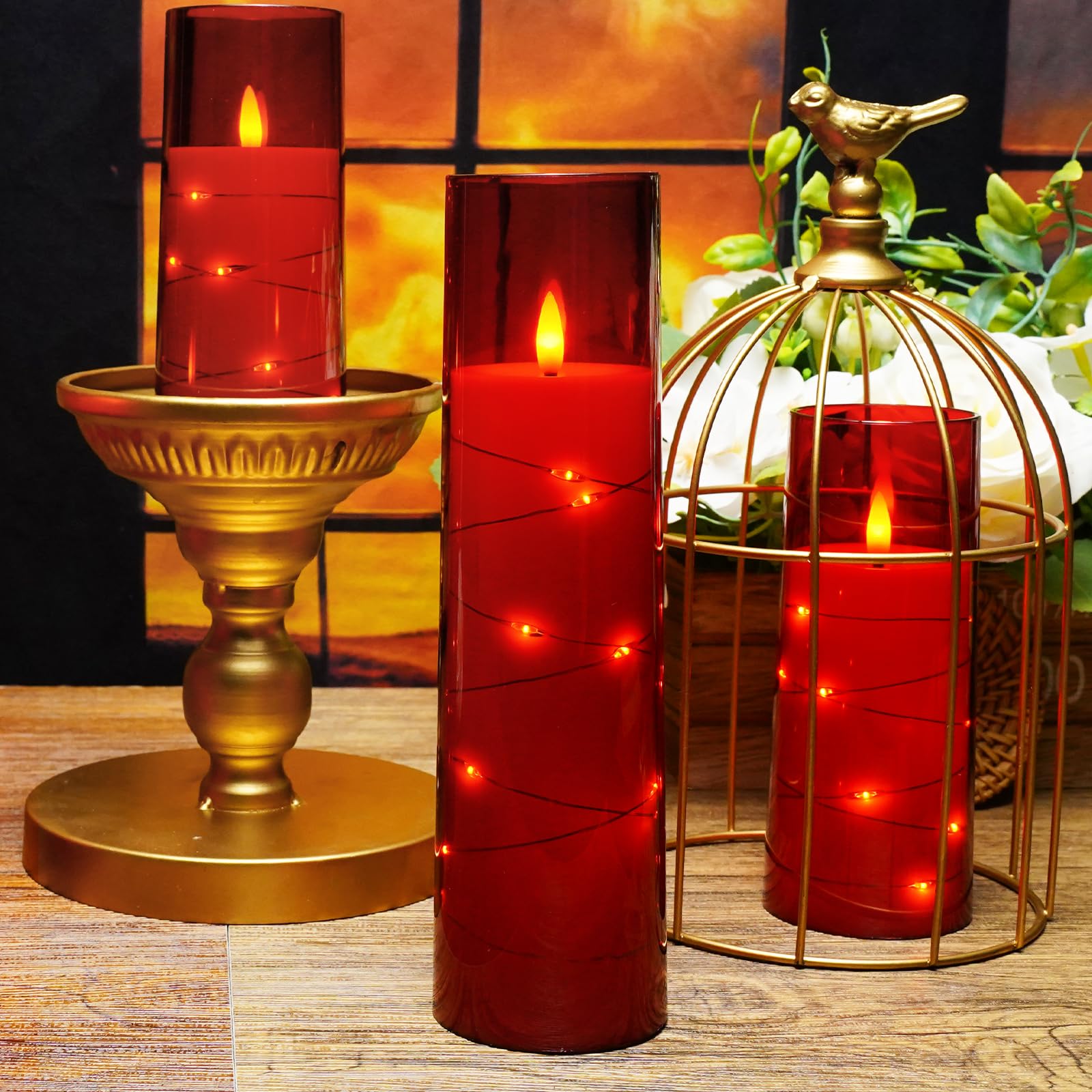 kakoya Flameless LED Candles with Timer 5 Pc Flickering Flameless Candles for Romantic Ambiance and Home Decoration Stable Acrylic Shell,with Embedded Star String，Battery Operated Candles（Red）