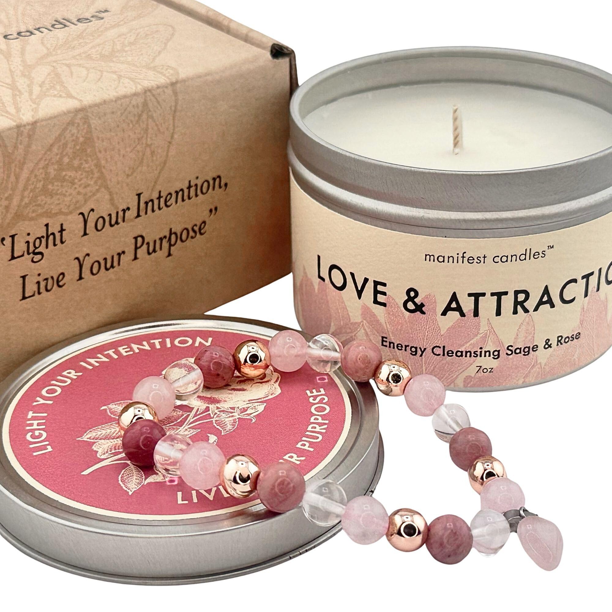 Manifest Candles 7oz Love Candle to Attract Love - Rose & Sage Scented - Love Attraction & Manifestation - Spiritual Meditation Candle with Manifestation Love Crystals Bracelets for Women