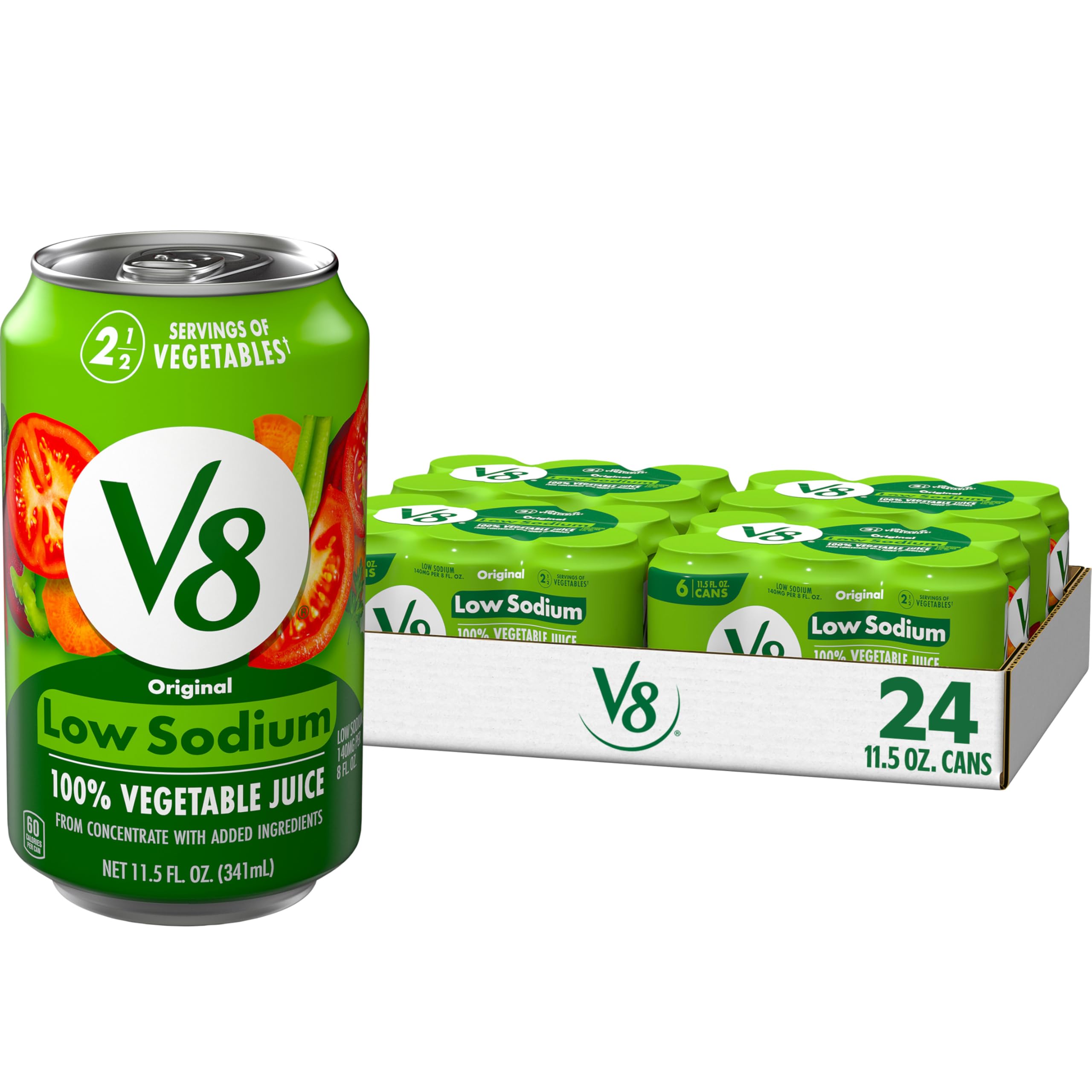 V8 Low Sodium Original 100% Vegetable Juice, Vegetable Blend with Tomato Juice, 11.5 FL OZ Can (Pack of 24)