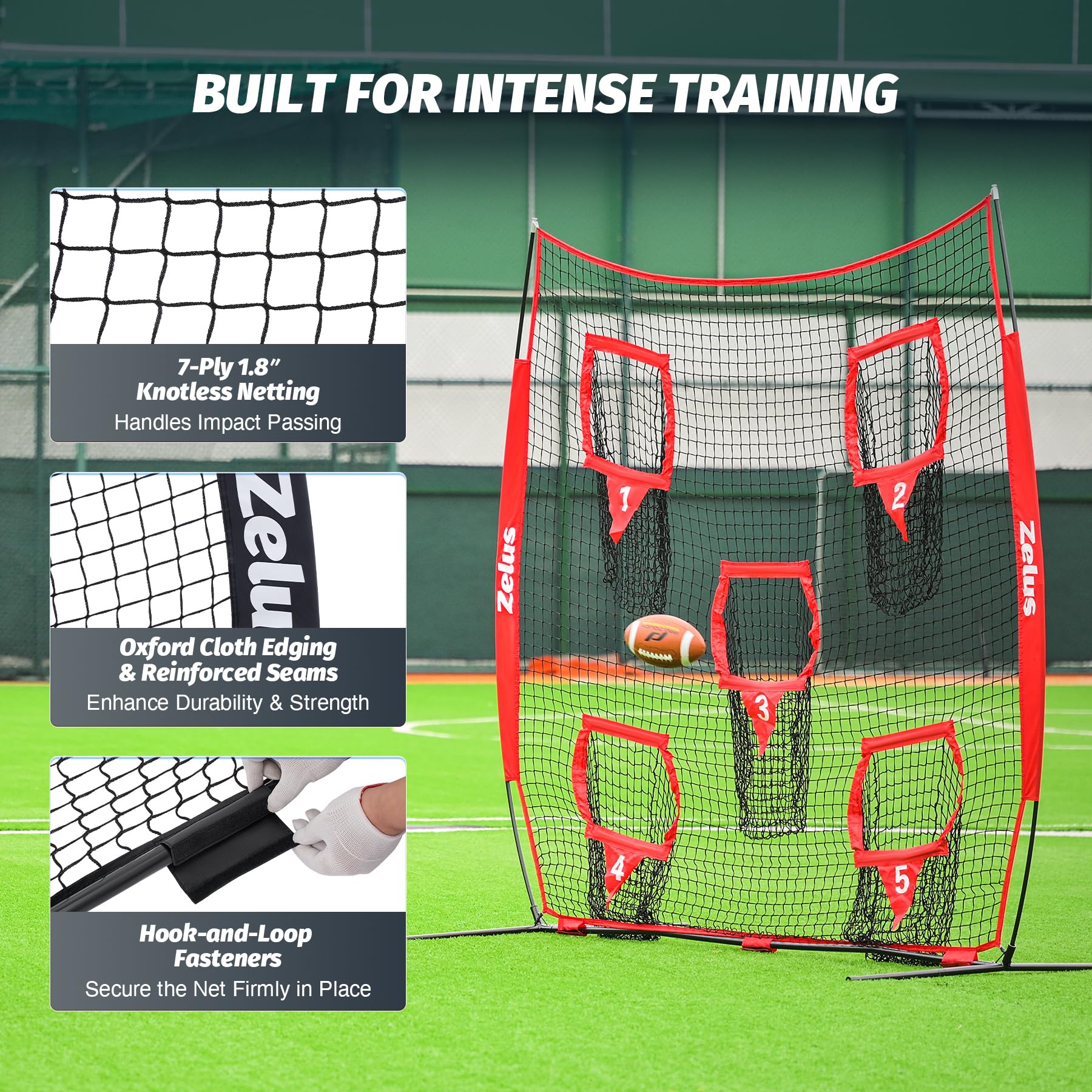 ZELUS 6 x 6ft Football Throwing Net, Quarterback Training Equipment with 5 Target Pockets, Football Practice Throwing Passing Accuracy Trainer with Carry Bag Ground Stakes for Kids Adults, Red