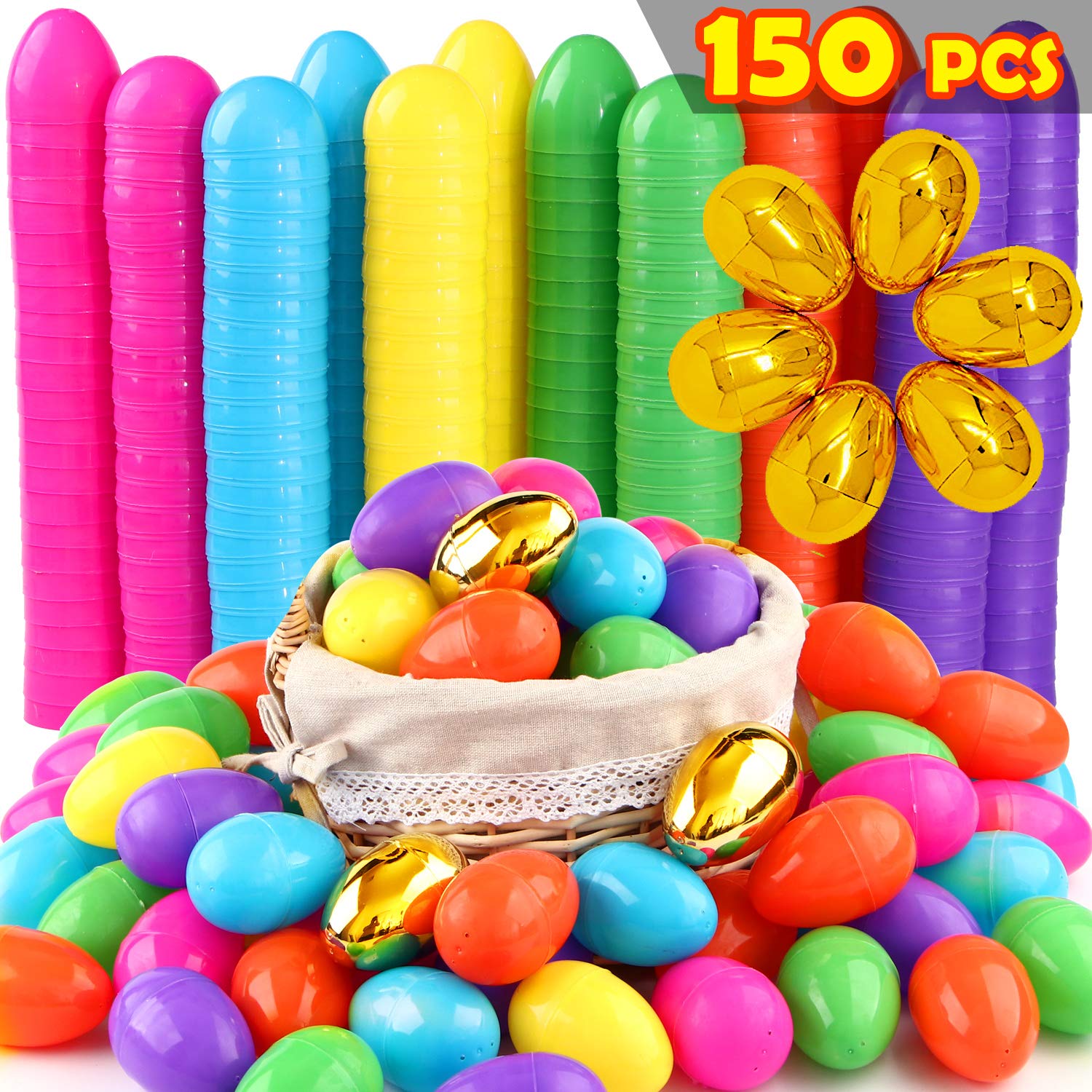 GABOSS Jumbo Bright Plastic Easter Eggs - 3.15'' Include 6 Golden Eggs,for Easter Basket Stuffers Fillers,Theme Party Favor,Classroom Prize (3.15 in) 150 Pieces