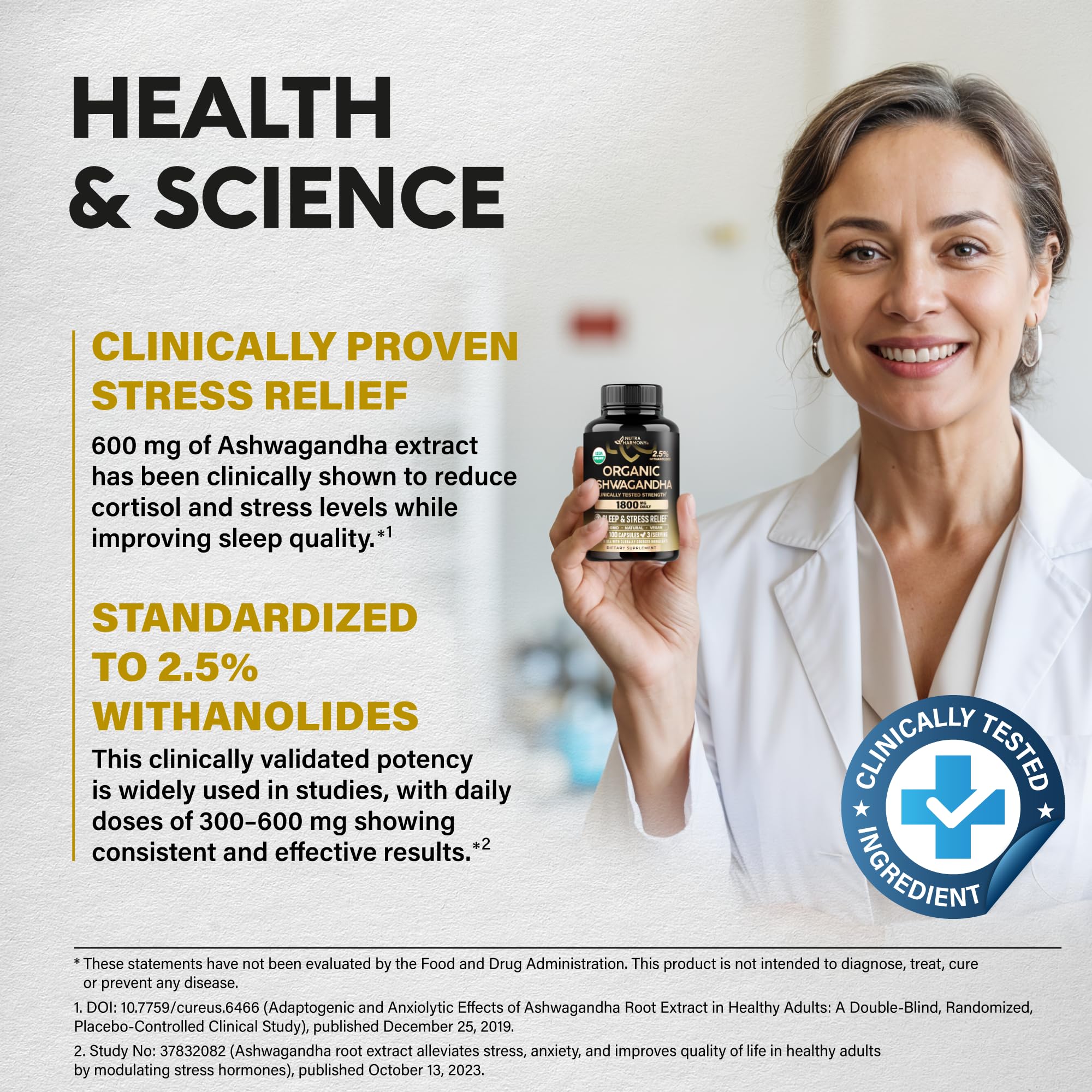 Ashwagandha Supplements 1800mg - USDA Organic Ashwagandha for Women & Men - Clinically Effective Strength for Stress Relief & Sleep - Powder & Root Extract 2.5% Withanolides - Made in USA 100 Capsules