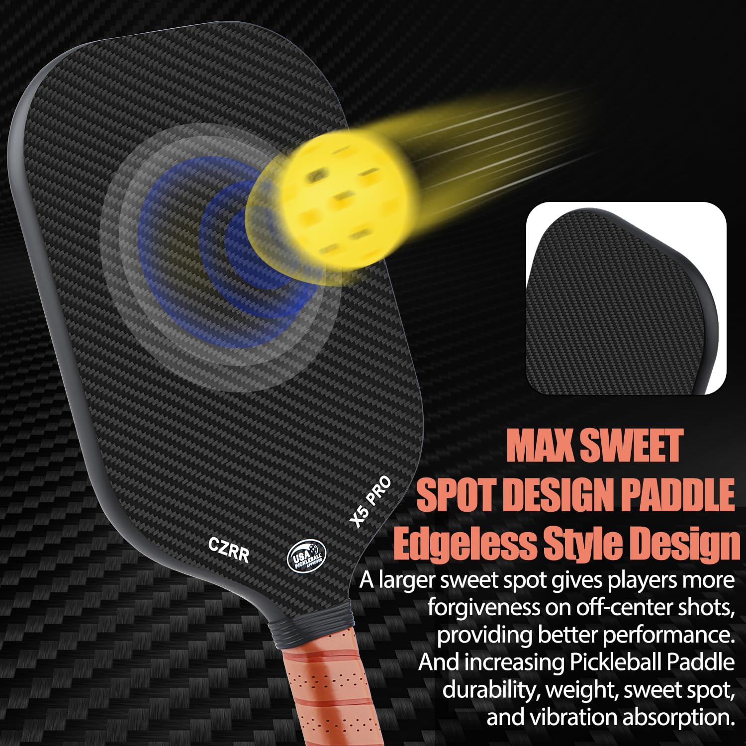 CZRR Pickleball Paddle, Edgeless Style 3K Raw Carbon Fiber Surface High Grit & Spin,USA Pickleball Approved, 16MM Polypropylene Honeycomb Core, Designed for Unmatched Control and Added Power