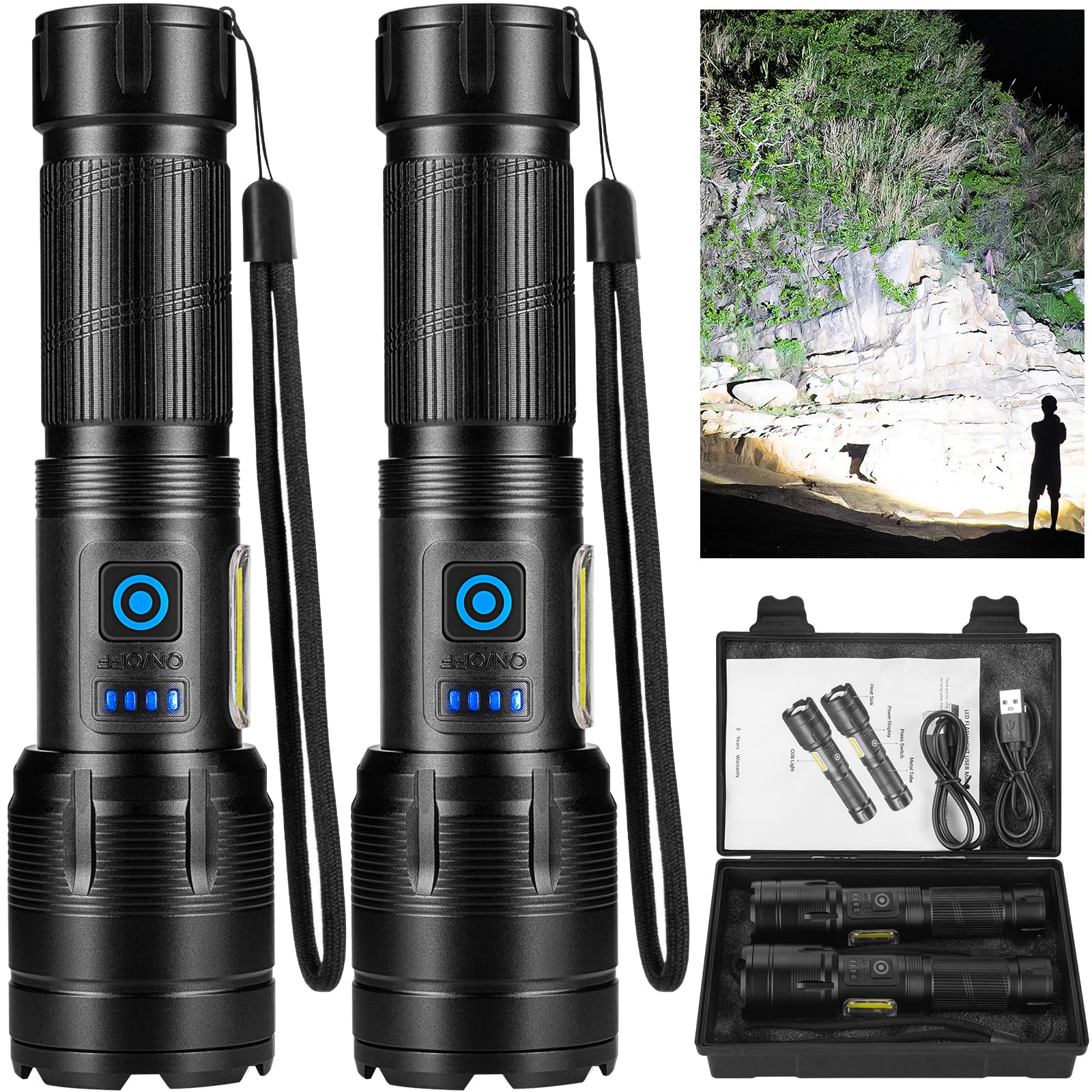 AURASEASON Rechargeable Flashlights High Lumens, 990,000 Lumen Super Bright Led Flash Light, Powerful Flashlight with 7 Modes, COB Light, IPX7 Waterproof for Camping, Emergencies