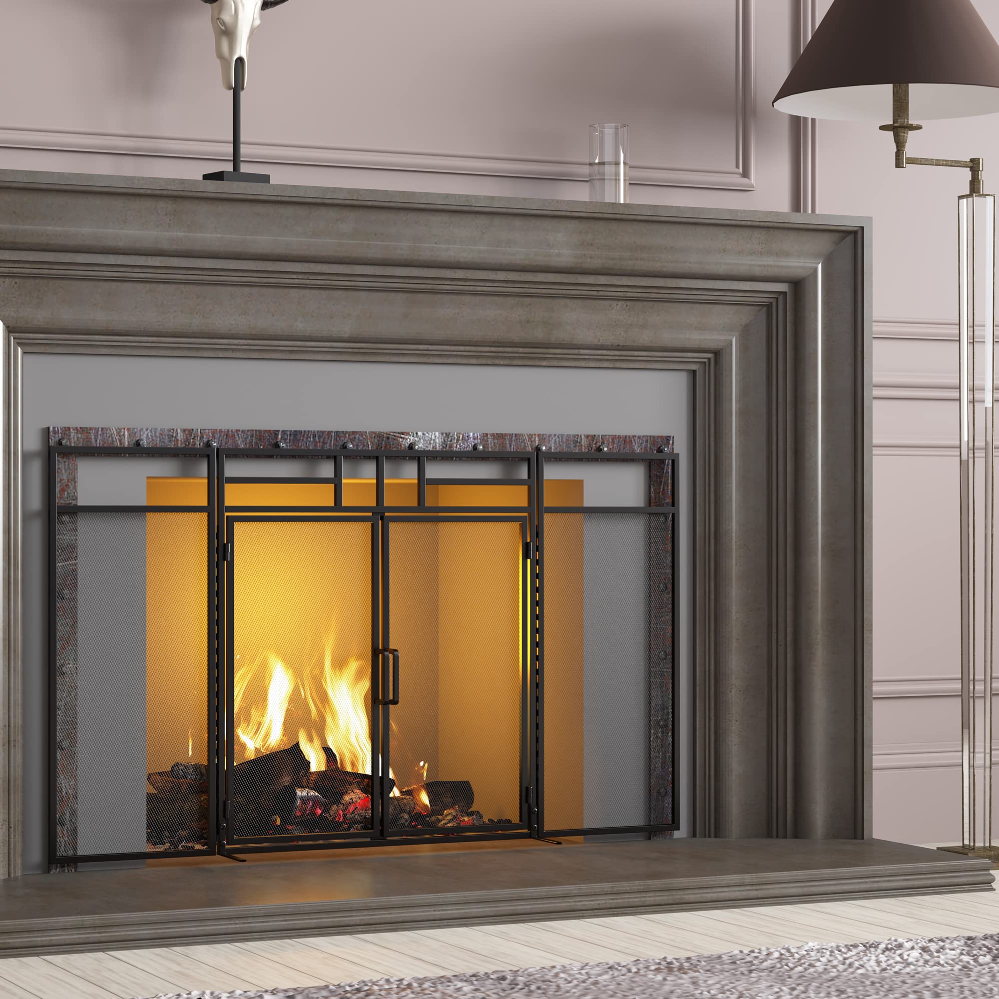 Fire Beauty 3-Panel Folding Fireplace Screen with Magnetic Hinged Doors, Solid Wrought Iron Panels Fire Spark Guard
