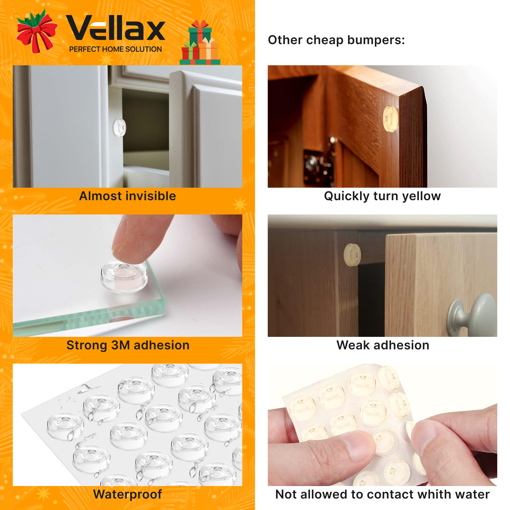 Vellax 64 Self Adhesive Cabinet Door Bumpers & 104 Clear Cabinet Bumper Pads - Self-Adhesive Silicone Buffer Set with 4 Shapes for Doors, Drawers & Furniture – Sound Dampening & Surface Protection