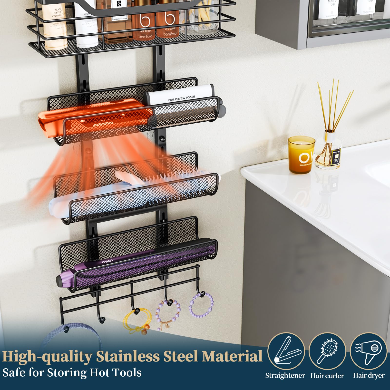 Consmest 6-Tier Hair Tool Organizer - Hair Dryer Holder Over The Door/Wall Mounted DIY Adjustable Shelf Bathroom Door Organizer with Hook for Curling Iron/Blow Dryer/Straightener Black