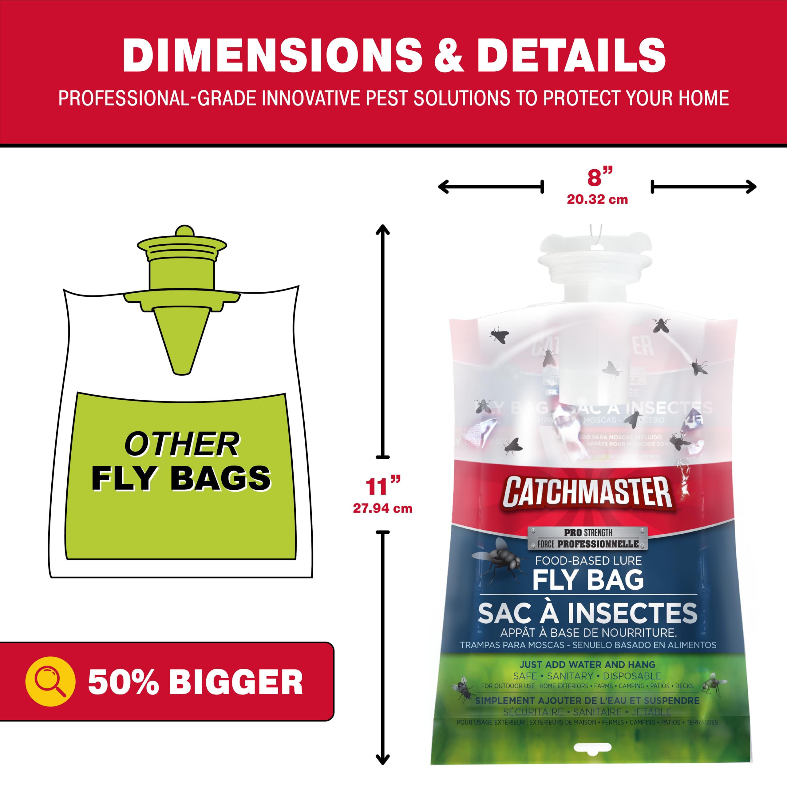 Catchmaster Pro Series Fly Bag 2-Pack, Hanging Fly Trap Outdoor Home, Bug Catcher and Flying Insect Trap with Premium Fly Bait, Pet Safe Pest Control, XL Bag for Backyard, Pool, Patio & Camping