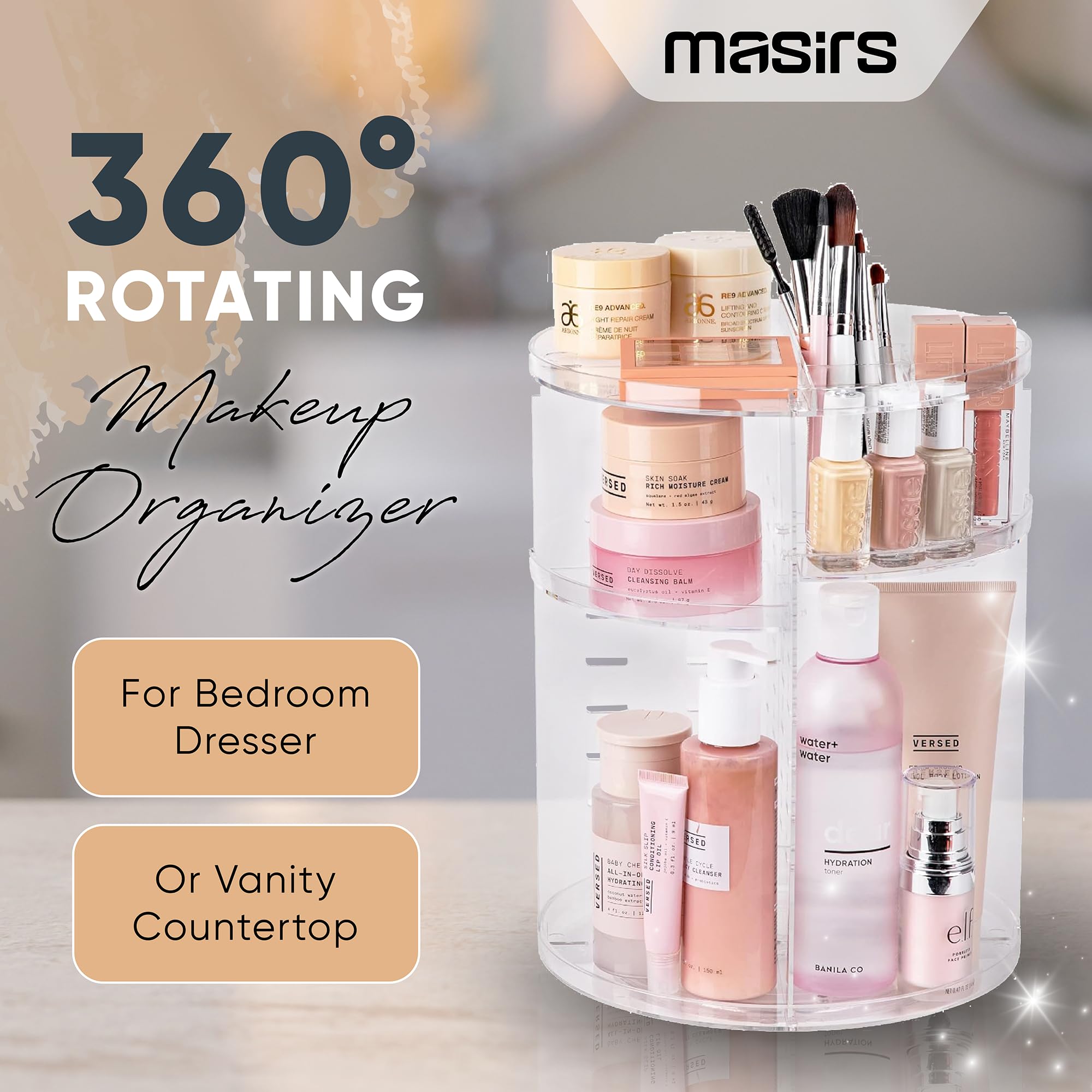 Masirs, Rotating Makeup Organizer - Adjustable Shelf Height and Fully Rotatable, The Perfect Round Spinning Cosmetic Organizer for Bedroom Dresser or Vanity Countertop Storage. (Clear)