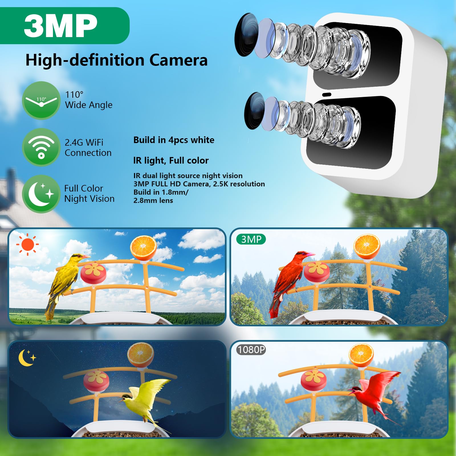 Bird Feeder with Camera Solar Powered, 2K Live Video, for Outdoor Backyard - Ai Identify Auto Capture Videos, Unique Outdoor Gifts for Mom Dad Birdlover