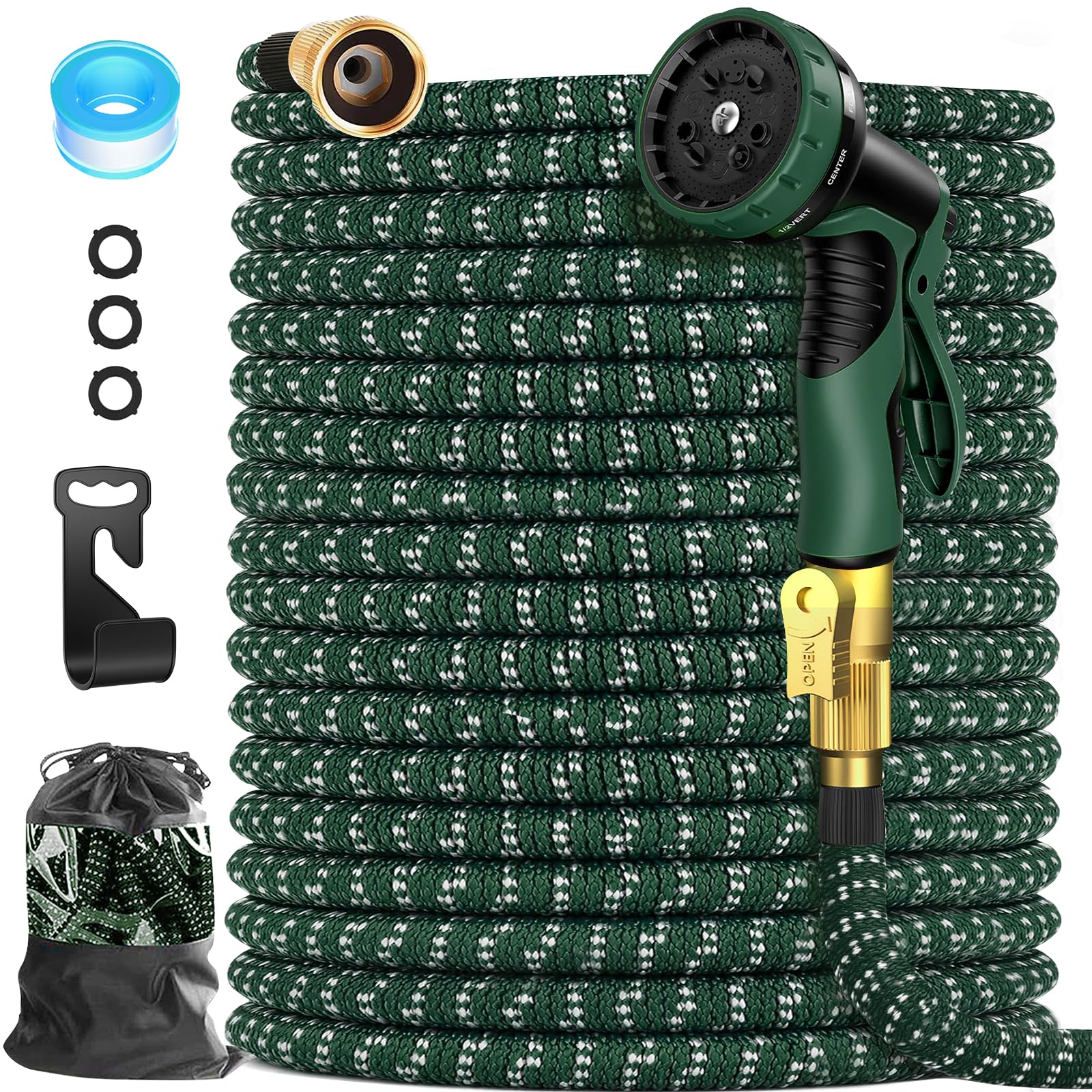 Expandable Garden Hose 100ft, 10 Function Spray Nozzle, Water Hose 100 feet Sturdy Reliable 5 Layers Latex Core Lightweight Hose, Crafted with 3/4" Solid Brass Fittings, 3750D Extra-strength Fabric