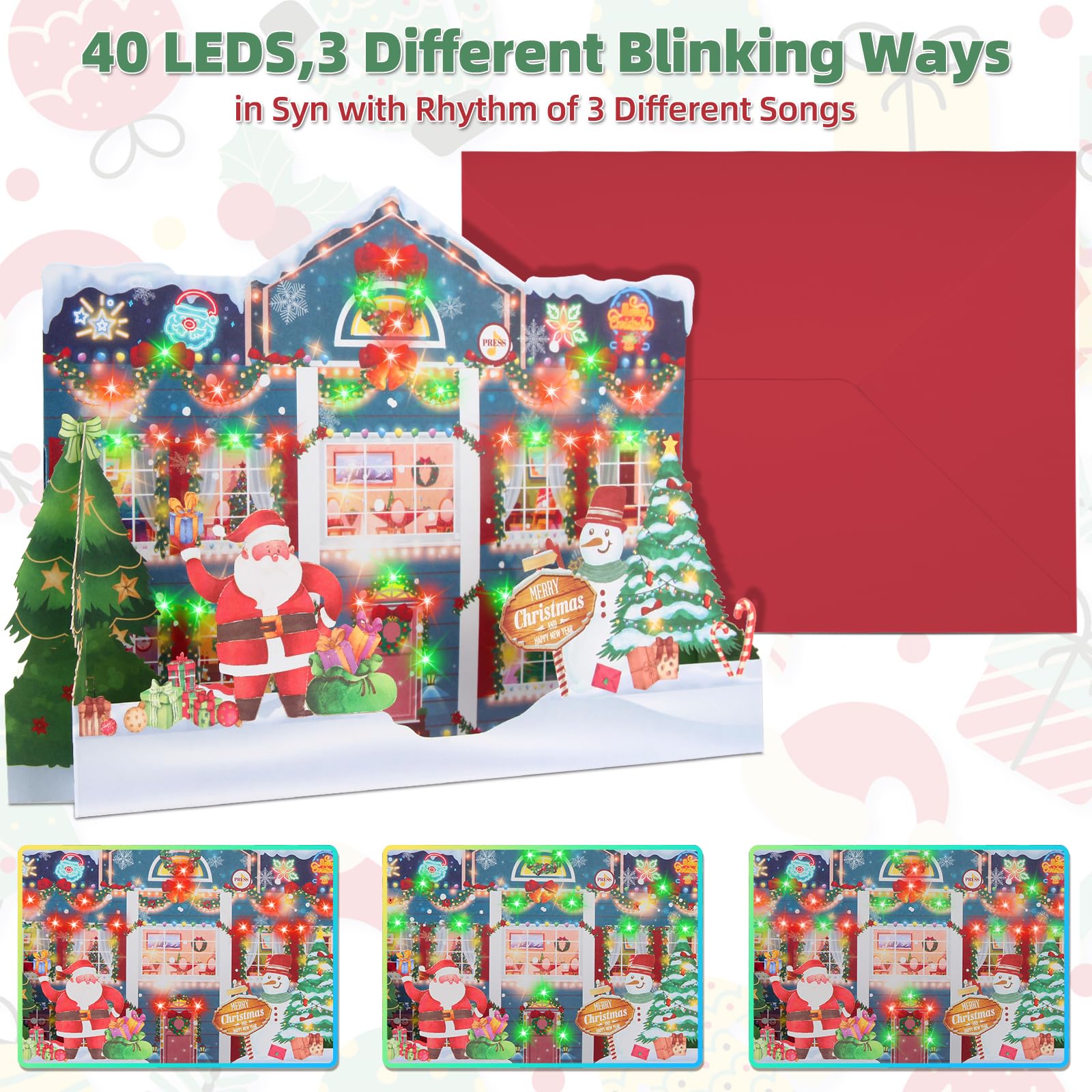 MZD8391 Musical & Lights Animated Christmas Home Cards, 3D Pop Up Christmas Cards, Playing 3 Christmas Songs with 3 Matching Lights Blinking Modes