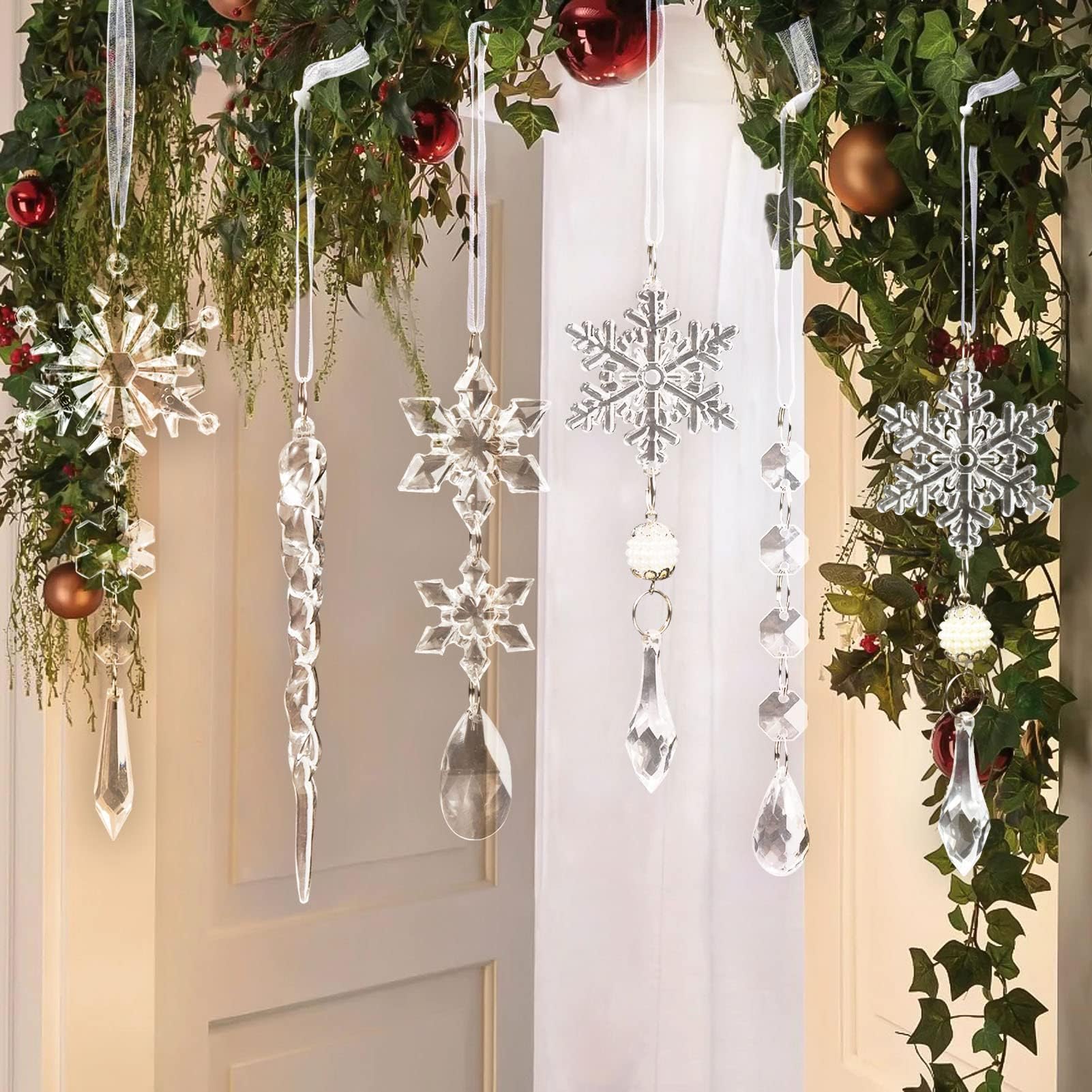 18pcs Crystal Christmas Ornaments for Tree Decorations-Hanging Acrylic Snowflake Icicle Ornaments with Drop Pendants for Winter Wonderland Chandelier Crystals Decorations Supplies