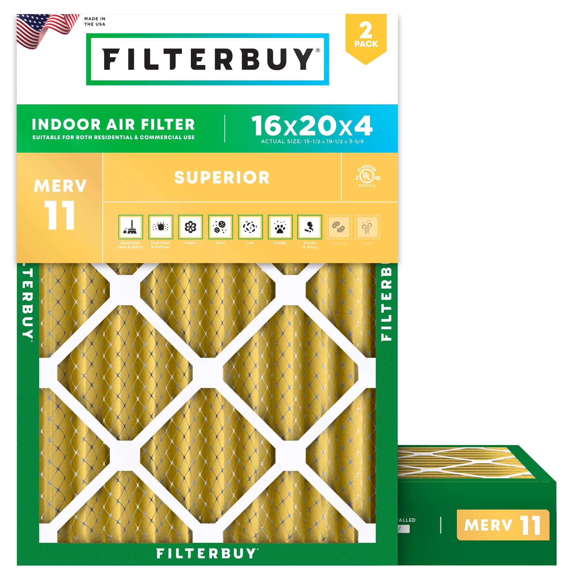 Filterbuy 16x20x4 Air Filter MERV 11 Allergen Defense (2-Pack), Pleated HVAC AC Furnace Air Filters Replacement (Actual Size: 15.50 x 19.50 x 3.63 Inches)