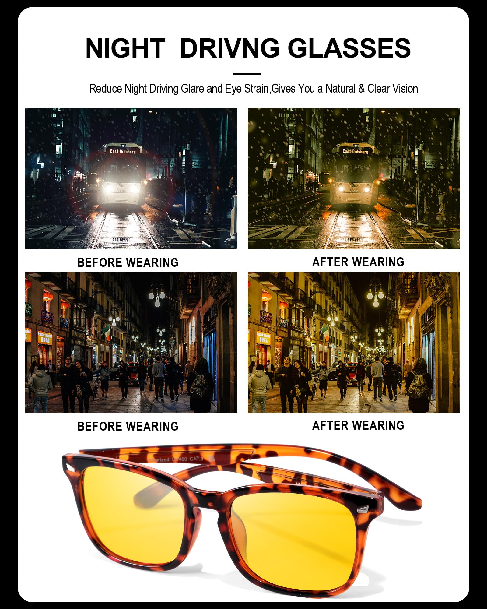 TJUTR Night Vision Driving Glasses for Men Women, Polarized Anti Glare Yellow Glasses for Driving at Night Time TN8082