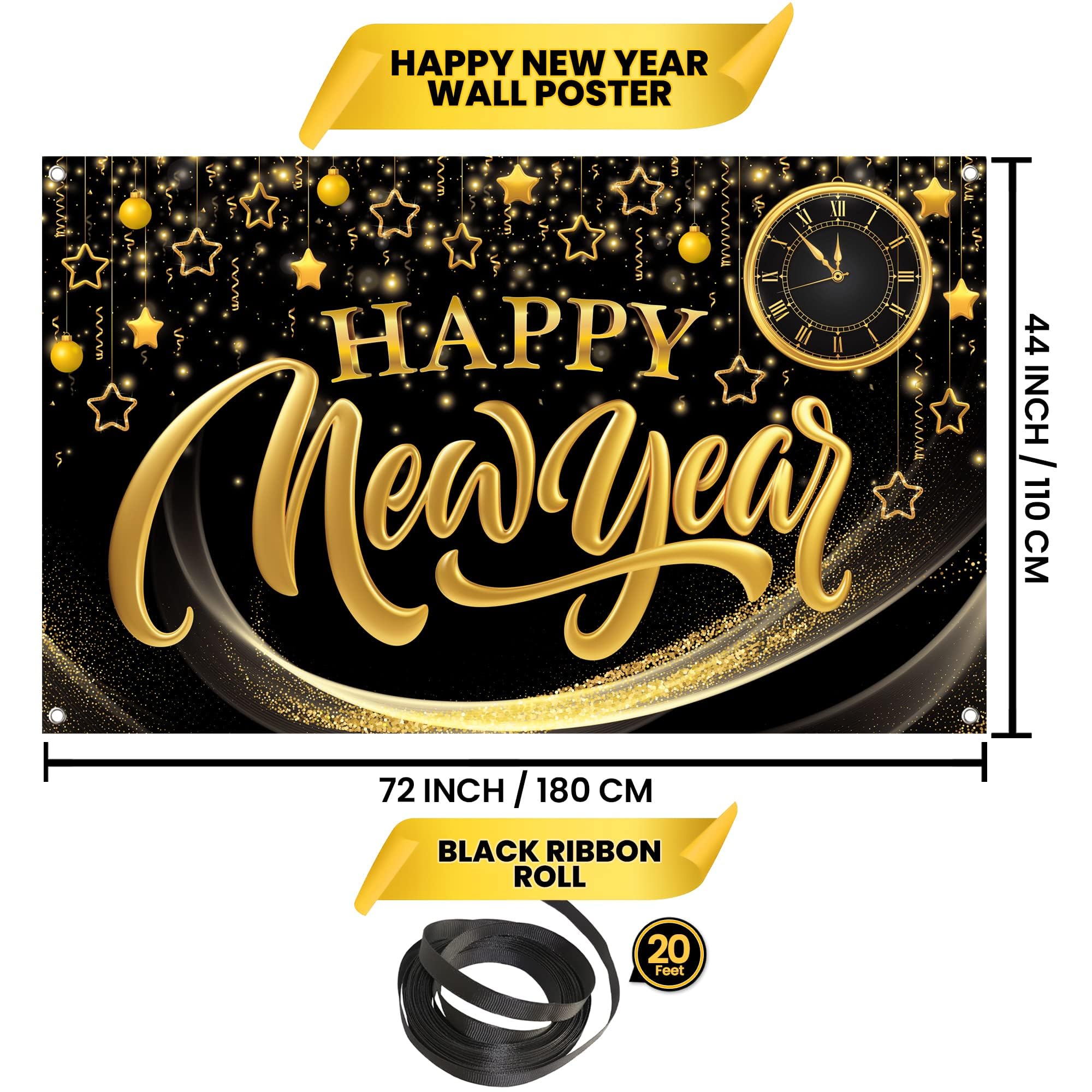 KatchOn, XtraLarge Happy New Year Banner - 72x44 Inch | Happy New Years Backdrop for New Years Decorations 2025 | New Years Eve Backdrop for New Years Eve Party Supplies 2025 | NYE Decorations 2025