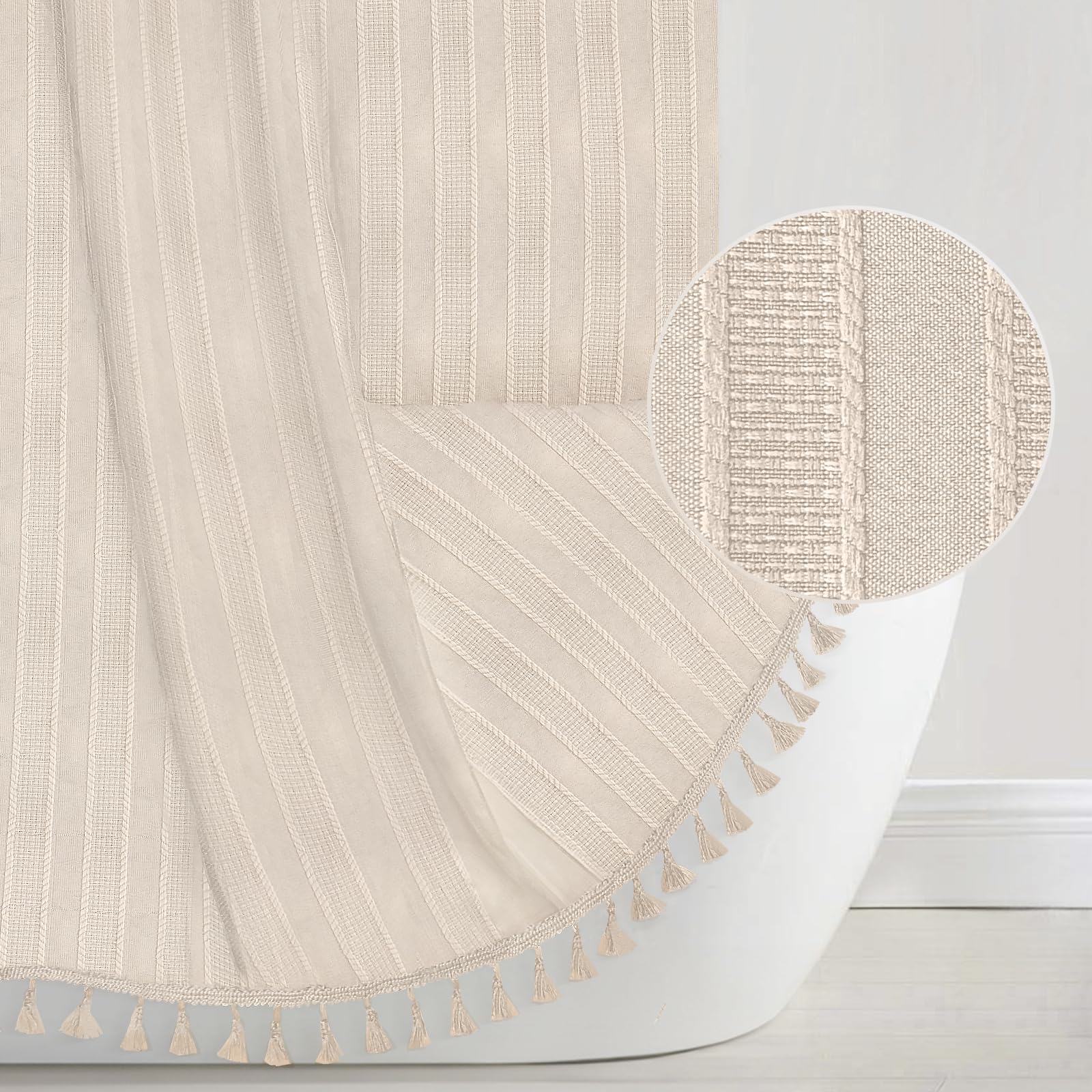 Seasonwood Beige Boho Shower Curtain 72 x 72 Textured Vertical Striped Shower Curtain Bohemian Chic Tassel Neutral Shower Curtains Beige/Cream