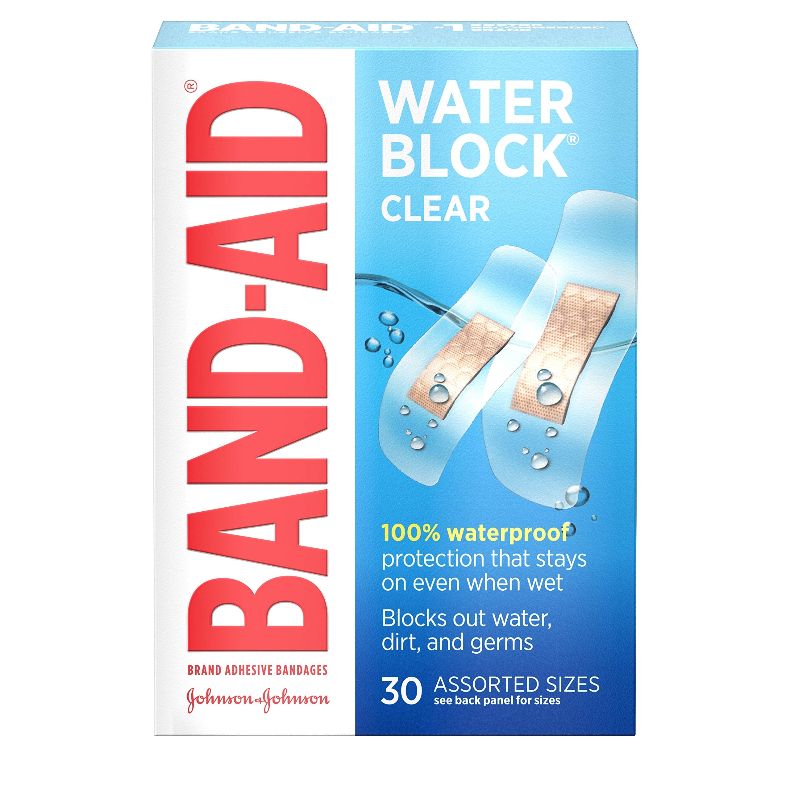 Band-Aid Brand Water Block Clear Waterproof Sterile Adhesive Bandages for First-Aid Wound Care of Minor Cuts and Scrapes, Assorted Sizes, 30 Count (Pack of 1)