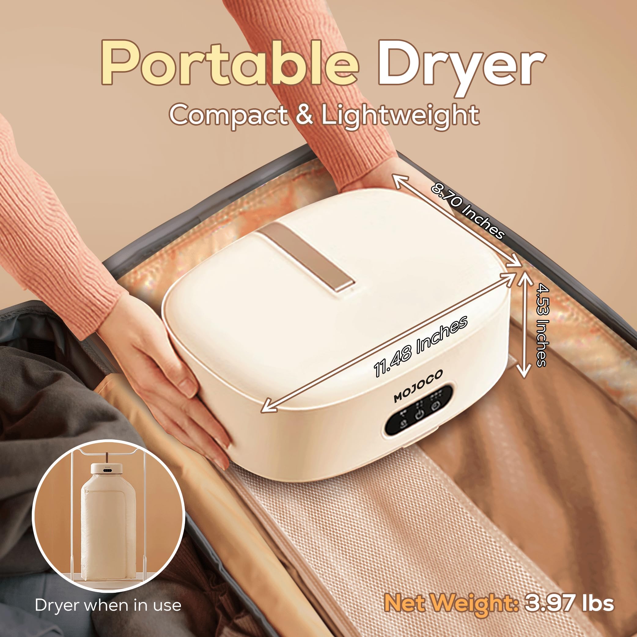 Mojoco Portable Clothes Dryer - Portable Dryer for Apartment, RV, Travel - Premium Mini Dryer Machine for Light Clothes, Underwear, Baby Clothes - Quick and Easy to Use Small/Compact Dryer Machine