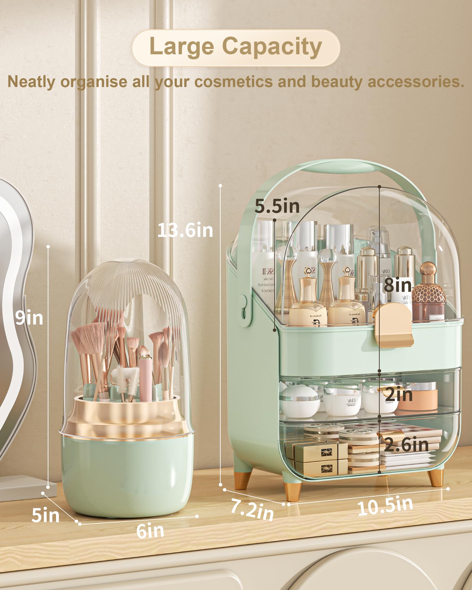 Makeup Organizer, Skincare Holder Bathroom Counter Organizer, Storage Box Cosmetic Display Cases, Teen Girl Gifts Trendy Stuff Make up Organizers for Vanity, Dresser, Countertop (Green)