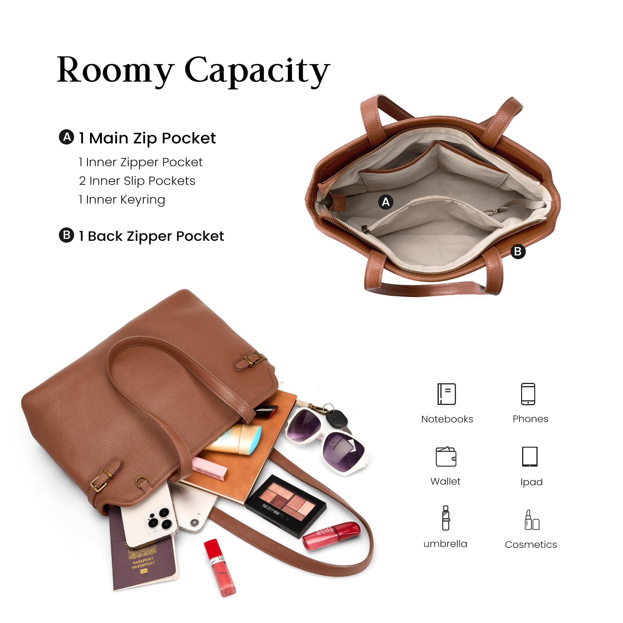 befen Soft Real Leather Small Tote Bag for Women Work, Womens Designer Totes Purse Handbags with Top Handles Satchel Purses Cognac Brown