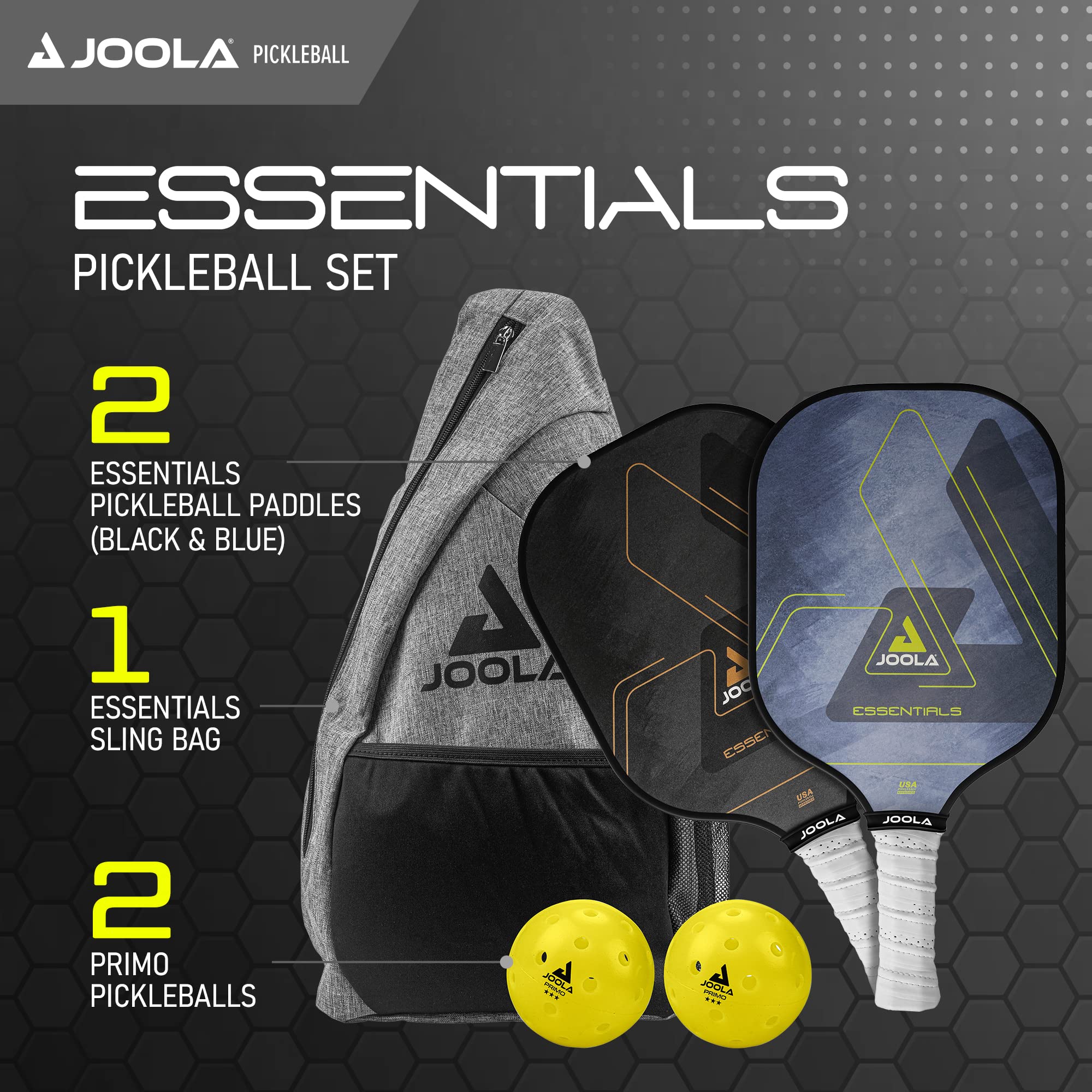 JOOLA Essentials Pickleball Paddles Set with Reinforced Fiberglass Surface and Honeycomb Polypropylene Core - Includes 2 Pickleball Rackets, 2 Pickleball Balls, and Sling Bag