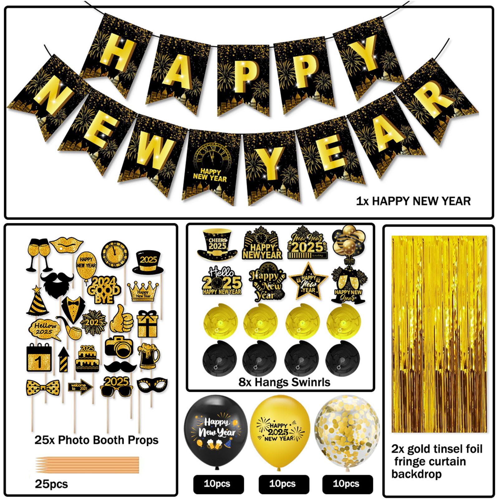 Happy New Years Decorations 2025, New Years Eve Party Supplies 2025, NYE Decorations, New Years Eve Decorations Include New year Balloons Banner