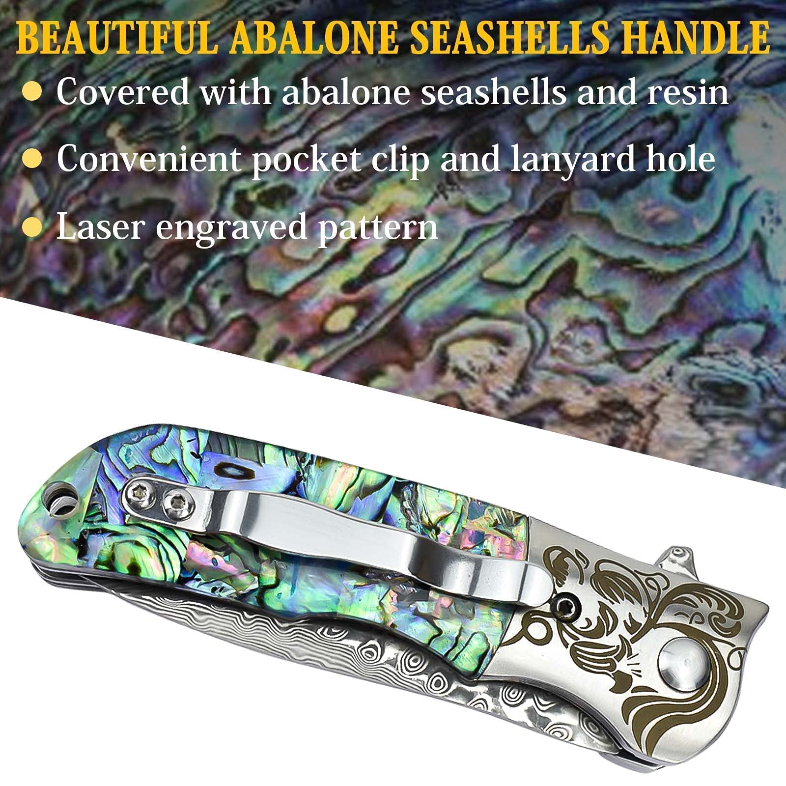 AUBEY EDC Damascus Pocket Knife with Leather Sheath, Abalone Shells Handle, Handmade Damascus Steel Folding Knives with Clip for Everyday Carry, Excellent Gifts for Men Women Hunting