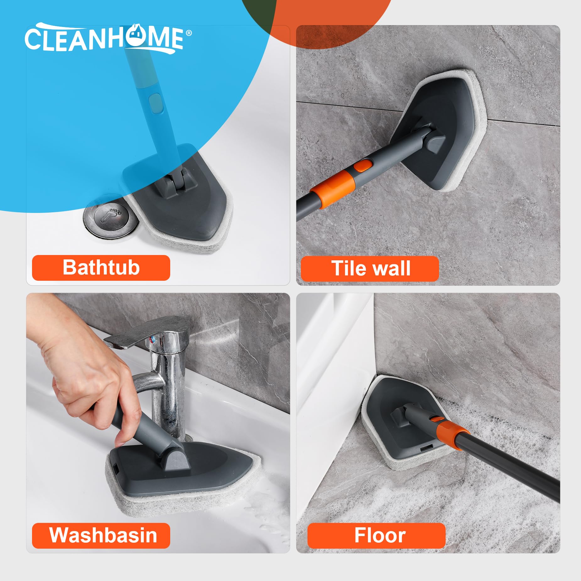 CLEANHOME Extendable Shower Scrubber,Bathroom Tub Cleaner Brush with Long Handle-56 inches,Shower Tile Floor Wall Cleaning Tools, Bathtub Brushes for Cleaning with 4 PCS Scrub Pads