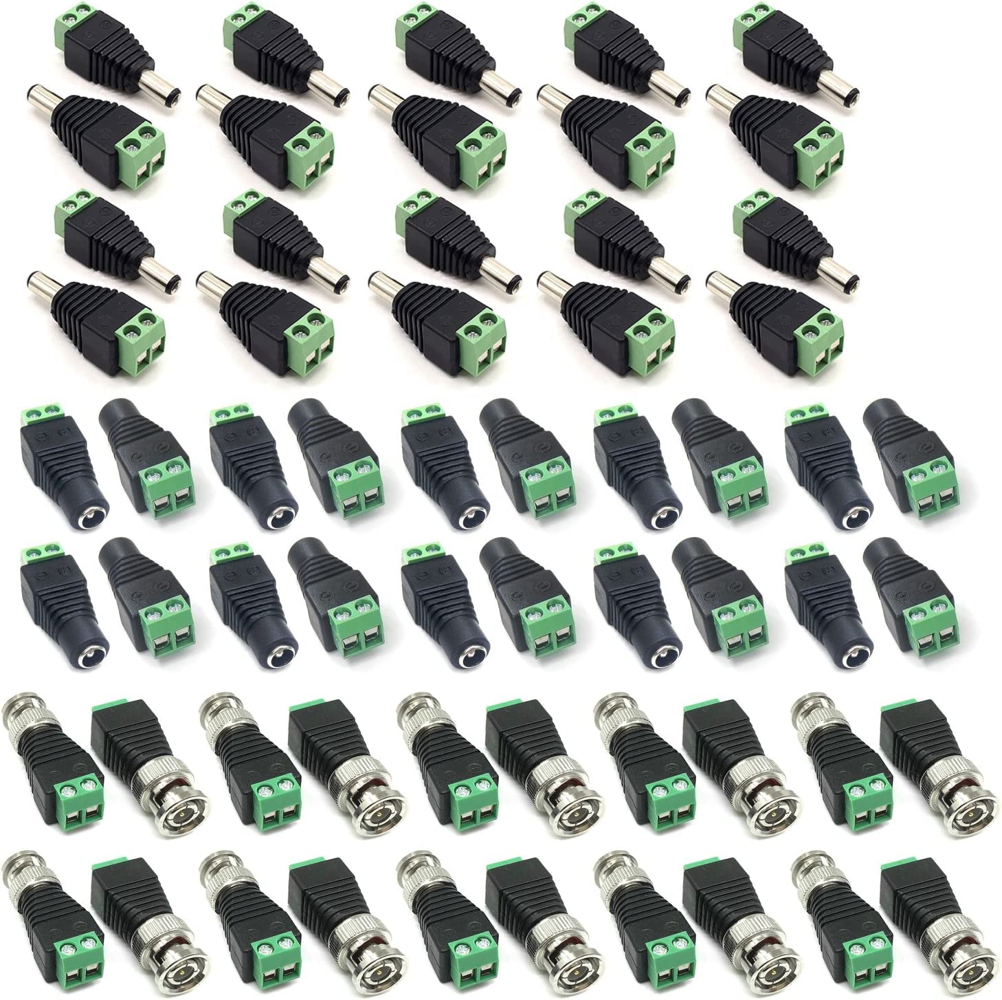 CRIVERS 20Pc Male and 20Pc Female 2.1x5.5mm DC Power Cable Jack Adapter Connector Plug Led Strip CCTV Camera Use 12V+20Pc Coaxial Camera Vedio BNC Male Balun Connector for Coax CAT5 to CCTV(60 Pc)