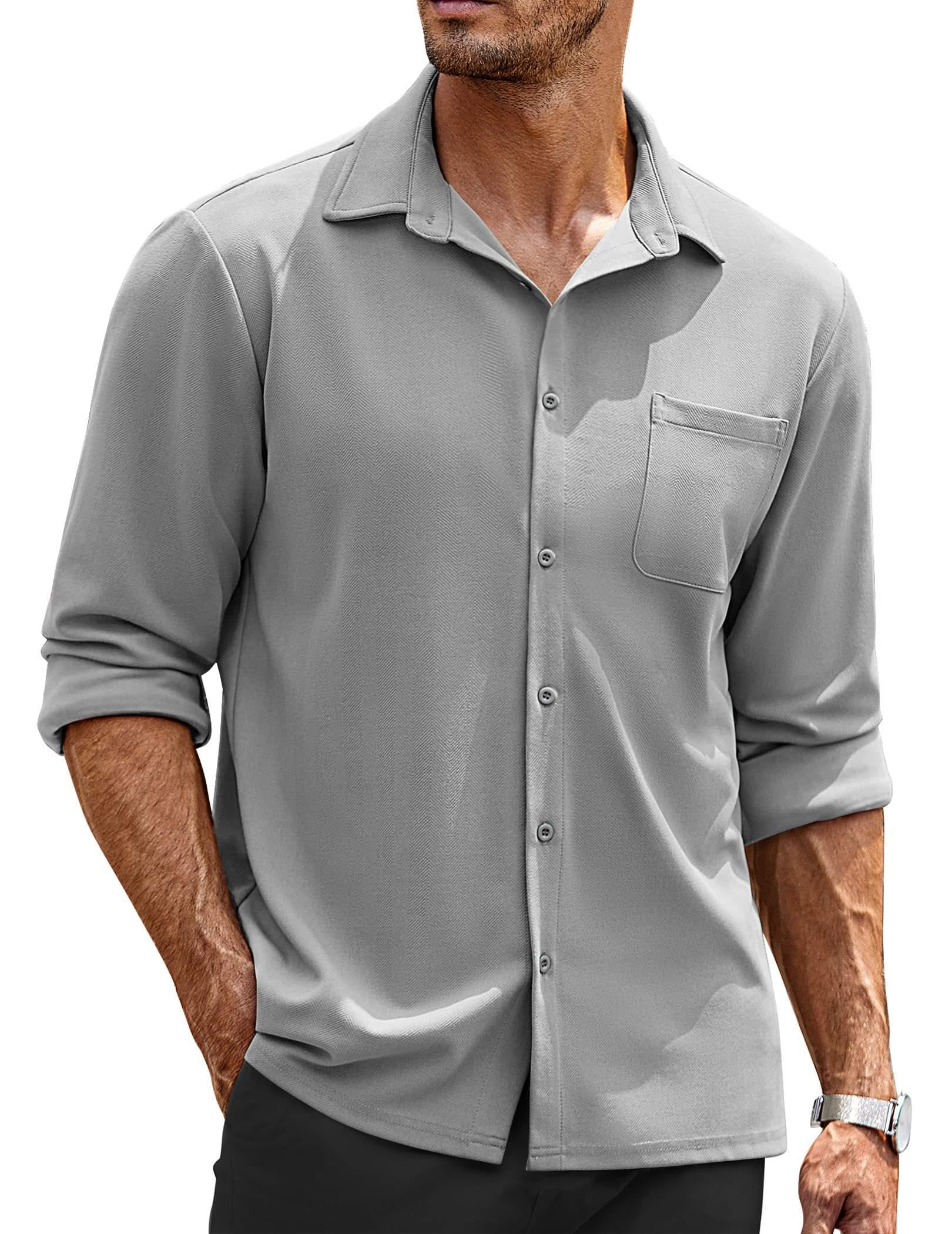 COOFANDY Mens Casual Long Sleeve Shirts Fitted Dress Shirts Light Grey Small