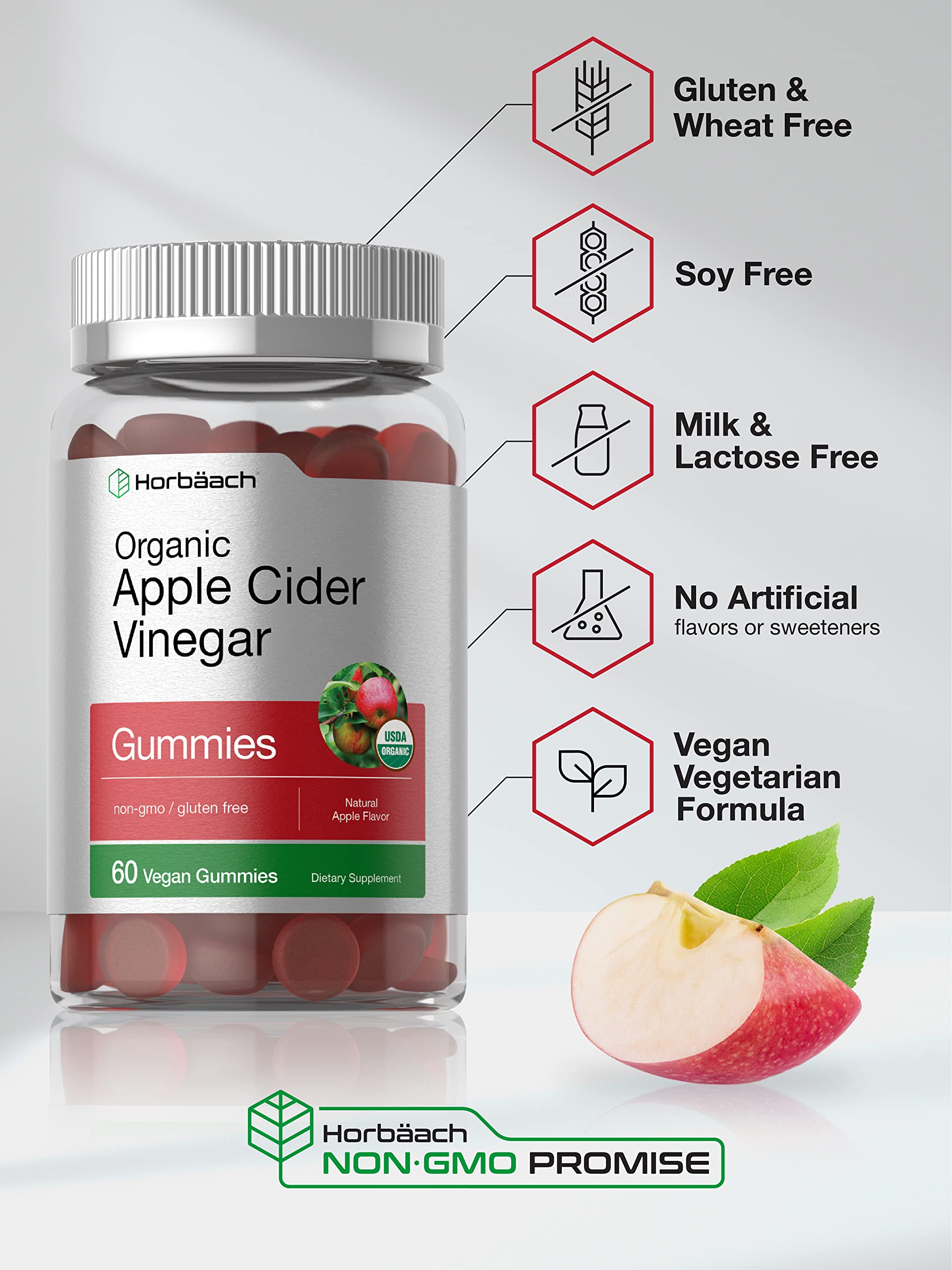 Horbäach Organic Apple Cider Vinegar Gummies | 60 Gummies | Vegan, Non-GMO & Gluten-Free Supplement | USDA Organic ACV | Apple Flavor