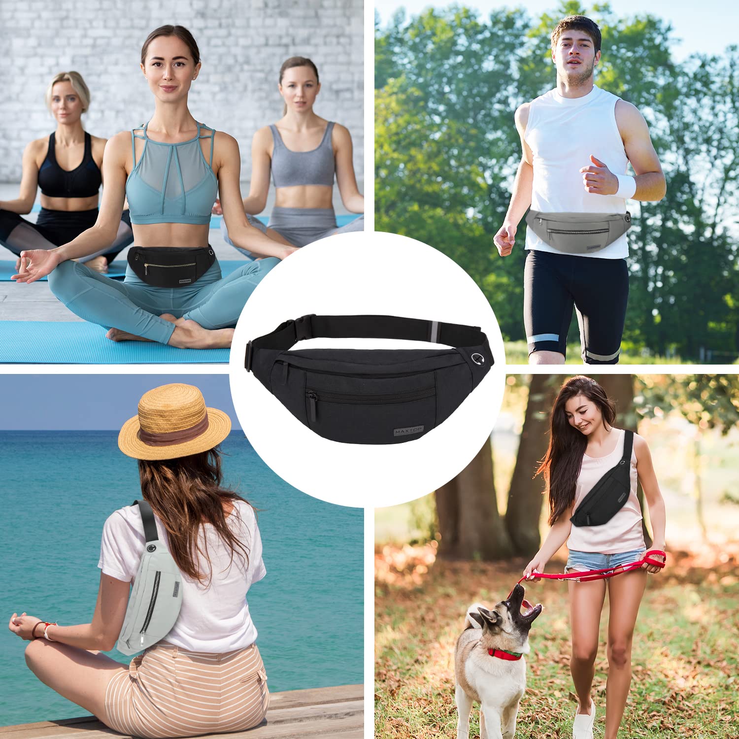 MAXTOP Large Crossbody Fanny Pack Belt Bag for Women Men with 4-Zipper Pockets Gifts for Sports Yoga Festival Workout Running Wallets Waist Pack Hands-Free Travel Essentials Fits All Phones,Black