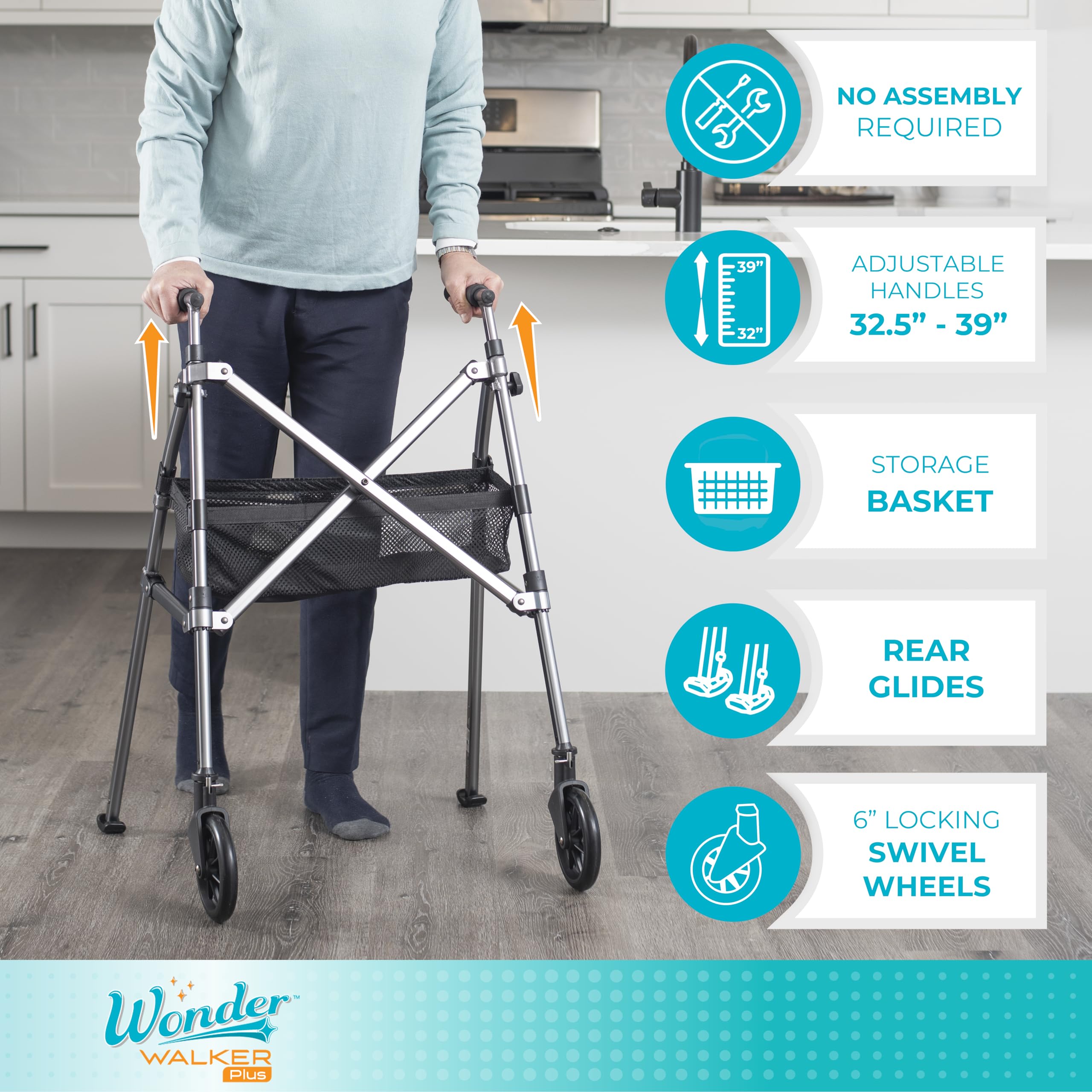 Stander Wonder Walker Plus, Lightweight Folding Mobility Aid for Adults, Seniors, and Elderly, Collapsible Travel EZ Fold-N-Go with Wheels, Glides, & Basket, Regal Rose