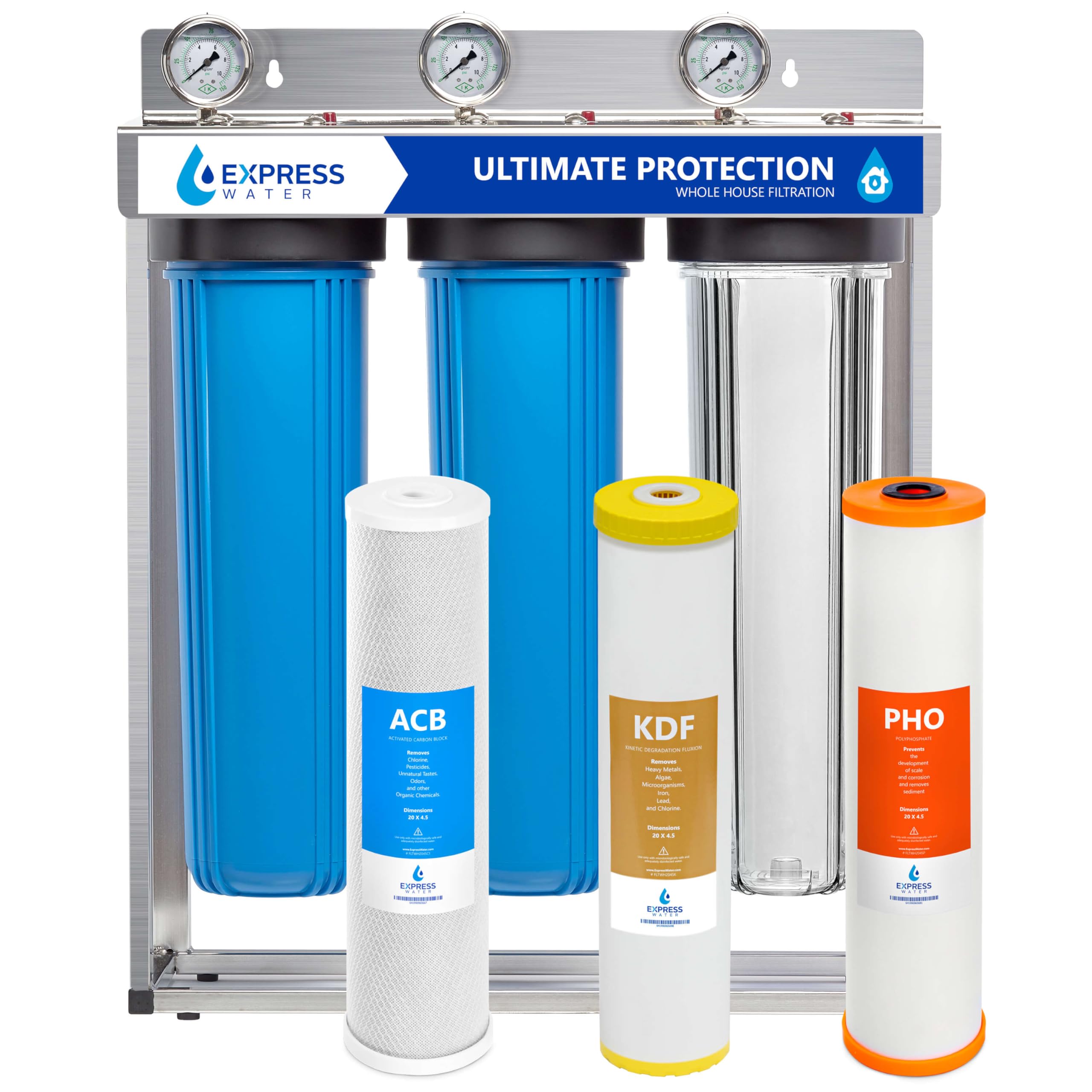 Express Water Ultimate Protection Whole House Water Filter System - 3 Stage Water Filtration System Heavy Metal Anti-Scale - Polyphoshate, KDF, Carbon Filters - Clean Drinking Water