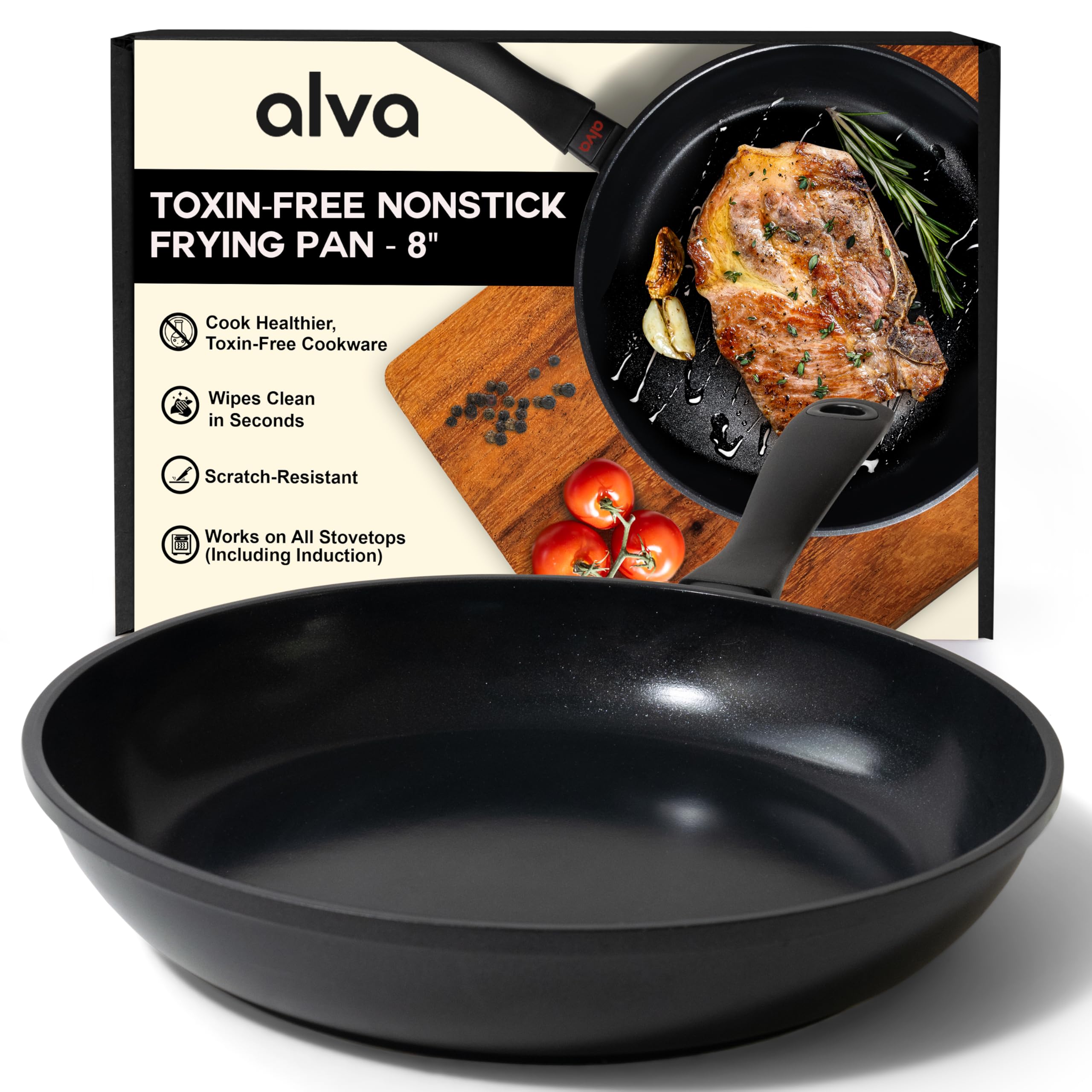 Alva Energy Nonstick Ceramic Frying Pan 8" - Lightweight, Easy to Clean and Made without PFAS, PFOA & PTFE - Induction and All Stovetop Compatible with Even Heat Distribution