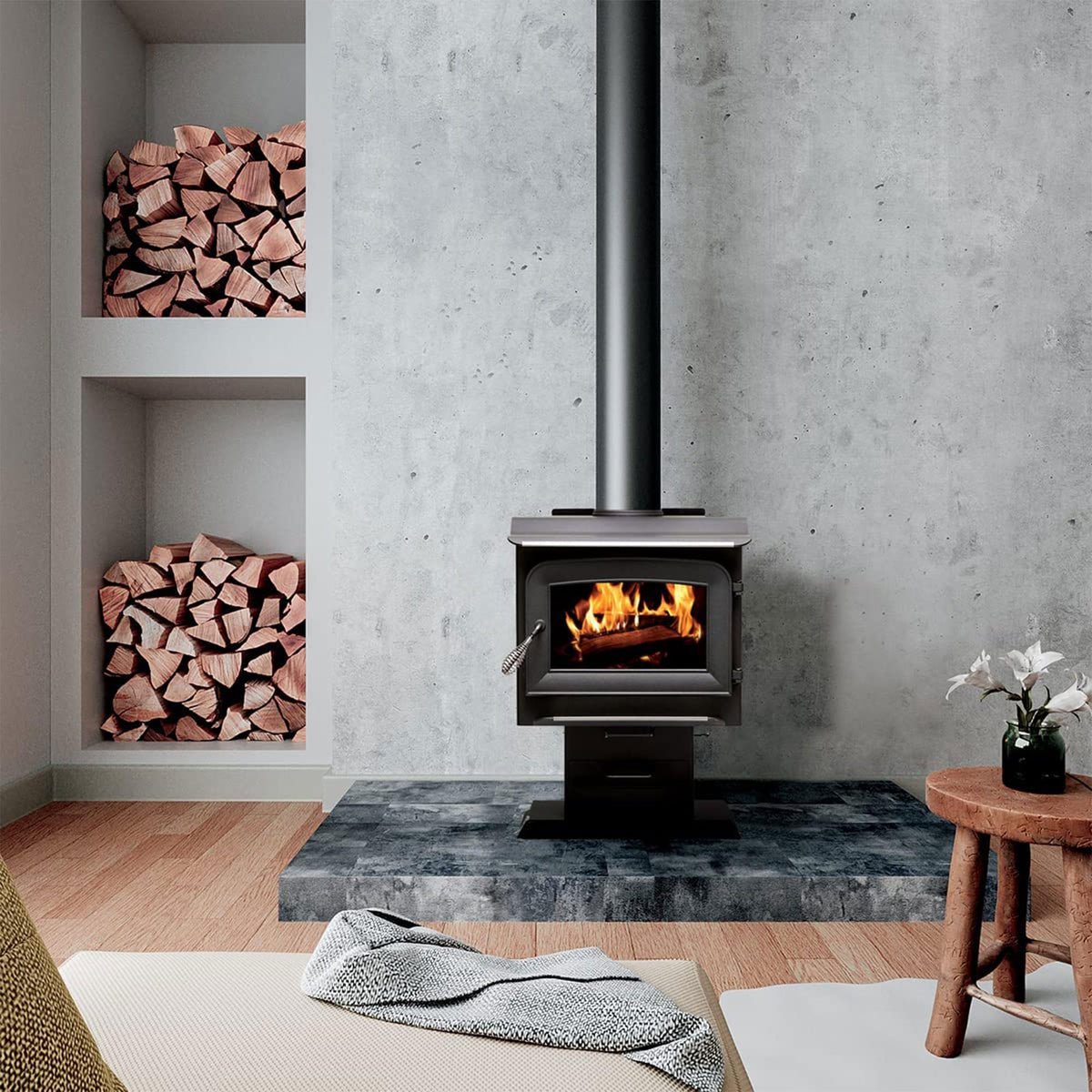 Ashley Hearth Pedestal Wood Burning Stove, Heats 1,200 Sq. Ft., EPA Certified, AW1120E-P, Black