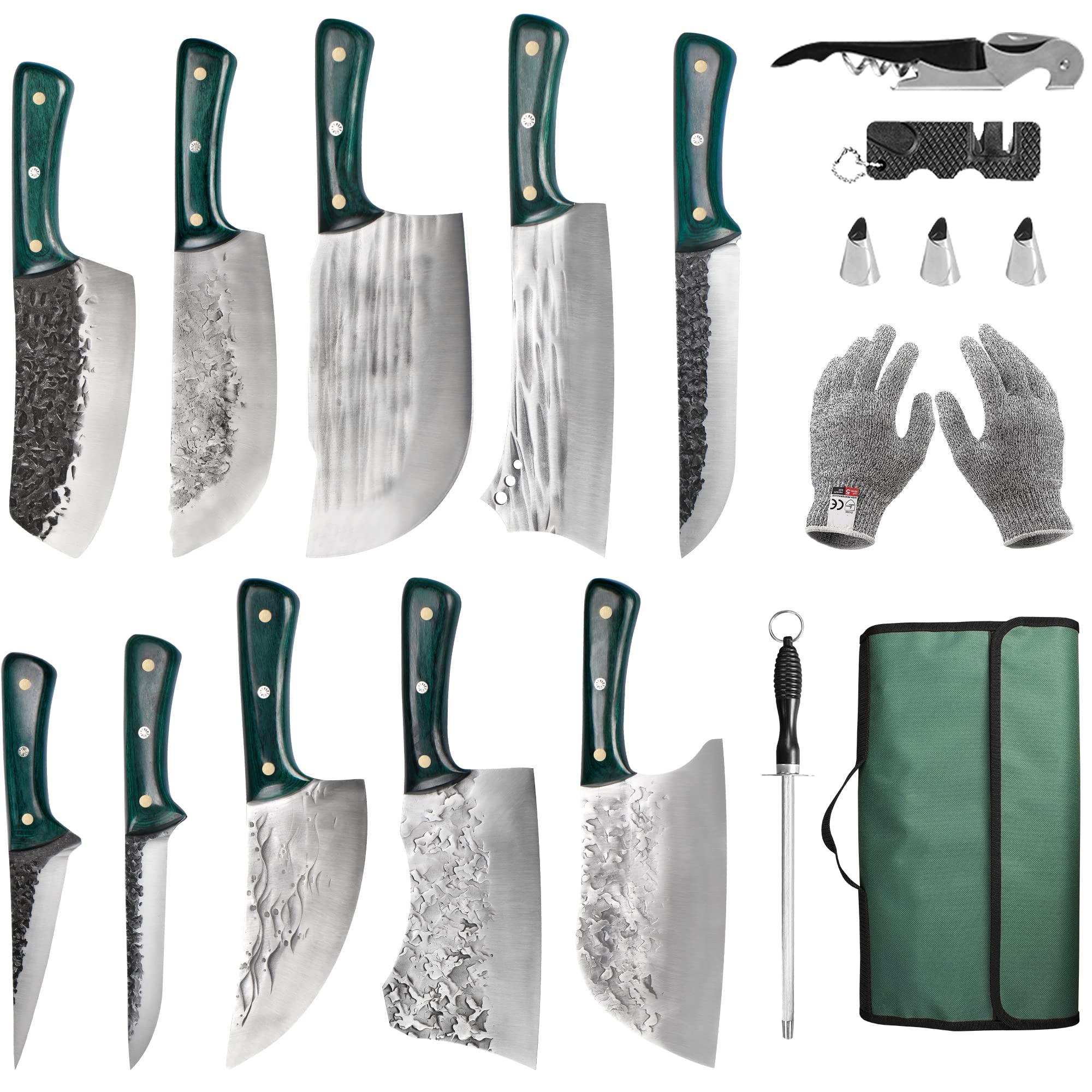 FULLHI Portable 16pcs Butcher Knife Set Green Woodhandle with Knife Bag Hand Forged Chef Knife Boning Knife High Carbon Steel Viking Knife Set for Kitchen, Camping, BBQ