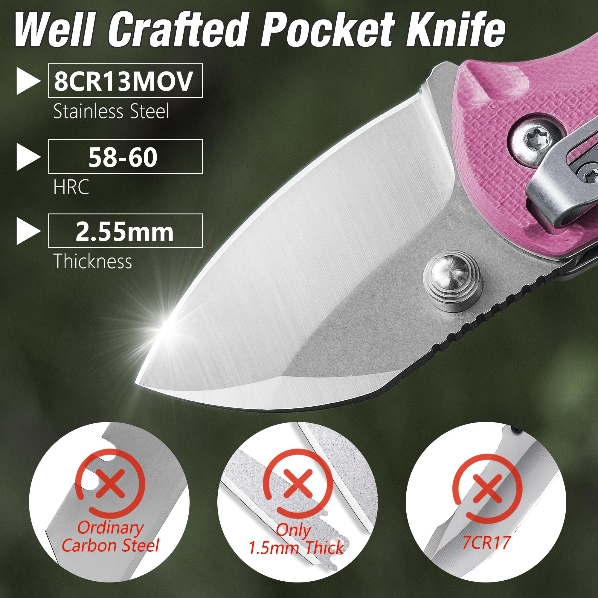 FLISSA 4" Small Folding Pocket Knife, Lightweight Utility Knife, Pink G10 Handle, EDC Pocket Knife with 8Cr13MoV Steel Blade, Carry Pocket Clip, Bottle Opener and Flat Head Screwdriver, Liner Lock