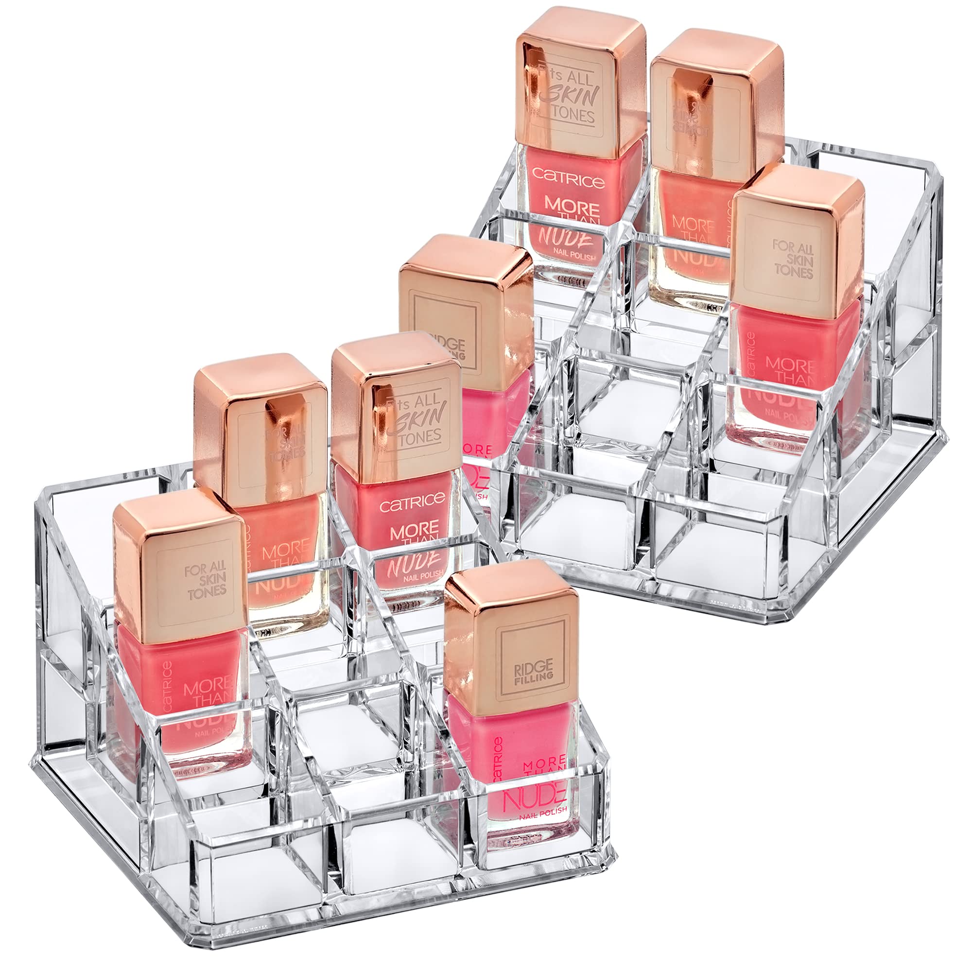 Amazing Abby - Glamour - 2-Pack 9-Slot Acrylic Nail Polish Organizer, Lipstick Holder, Lip Gloss Organizer, Cosmetic Storage Display, Perfect Storage Solution for Drawer, Vanity, Bathroom, and More