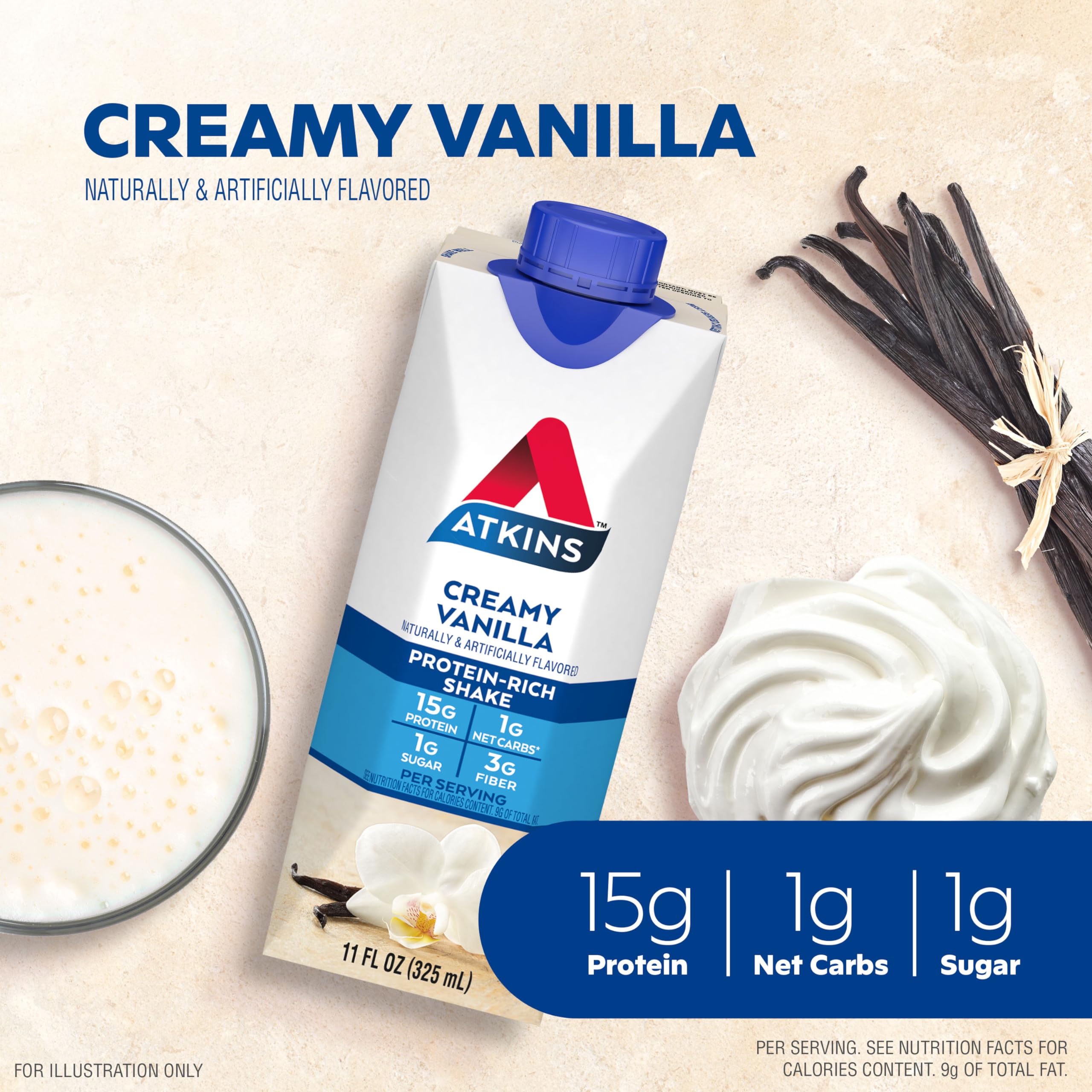 Atkins Creamy Vanilla Protein Shake, 15g Protein, Low Glycemic, 2g Net Carb, 1g Sugar, Keto Friendly, 12 Count