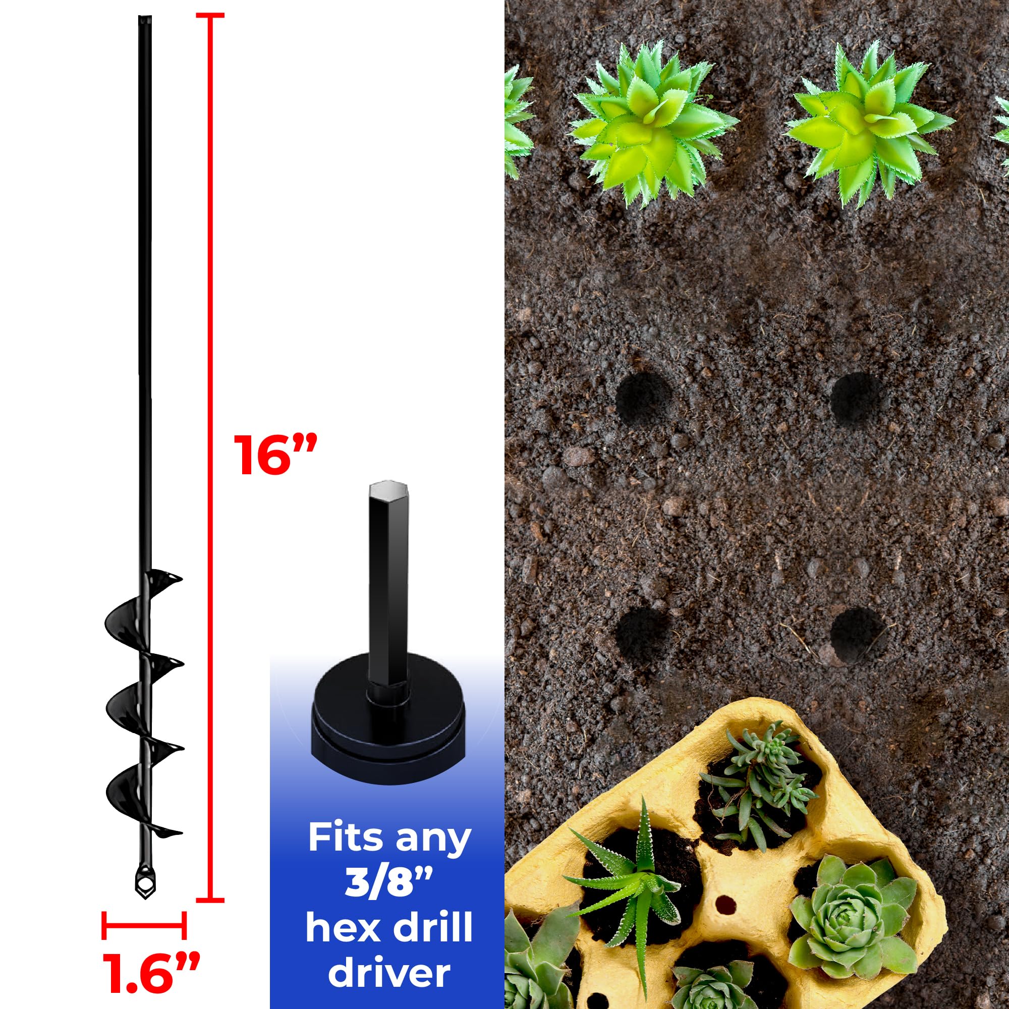 K-Brands Auger Drill Bit for Planting – 1.6 x 16 Inch & 3.5 x 16 Inch set - Garden Spiral Hole Drill and Bulb Planter Tool - Bedding Plants, Umbrella Holes - 3/8 Inch Hex Drive Drill