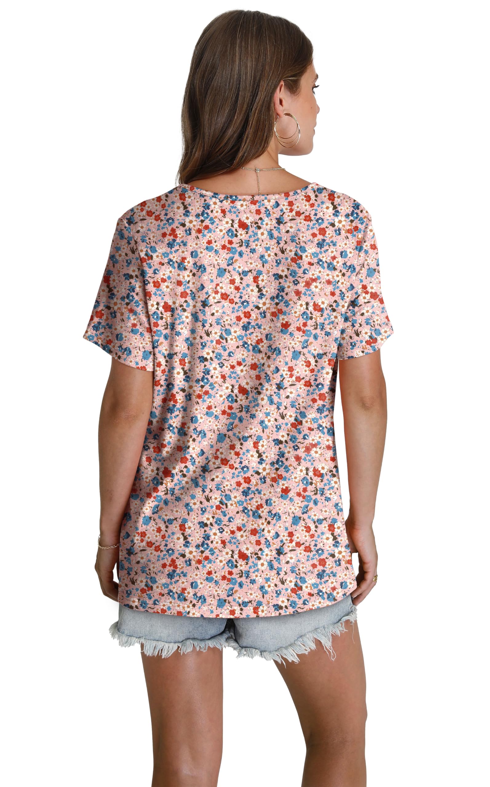 Tshirts Shirts for Women Floral Casual Summer Tops Trendy Short Sleeve V Neck Blouses Loose Fit Beach Vacation Clothes Resort Wear 2025 Pink L