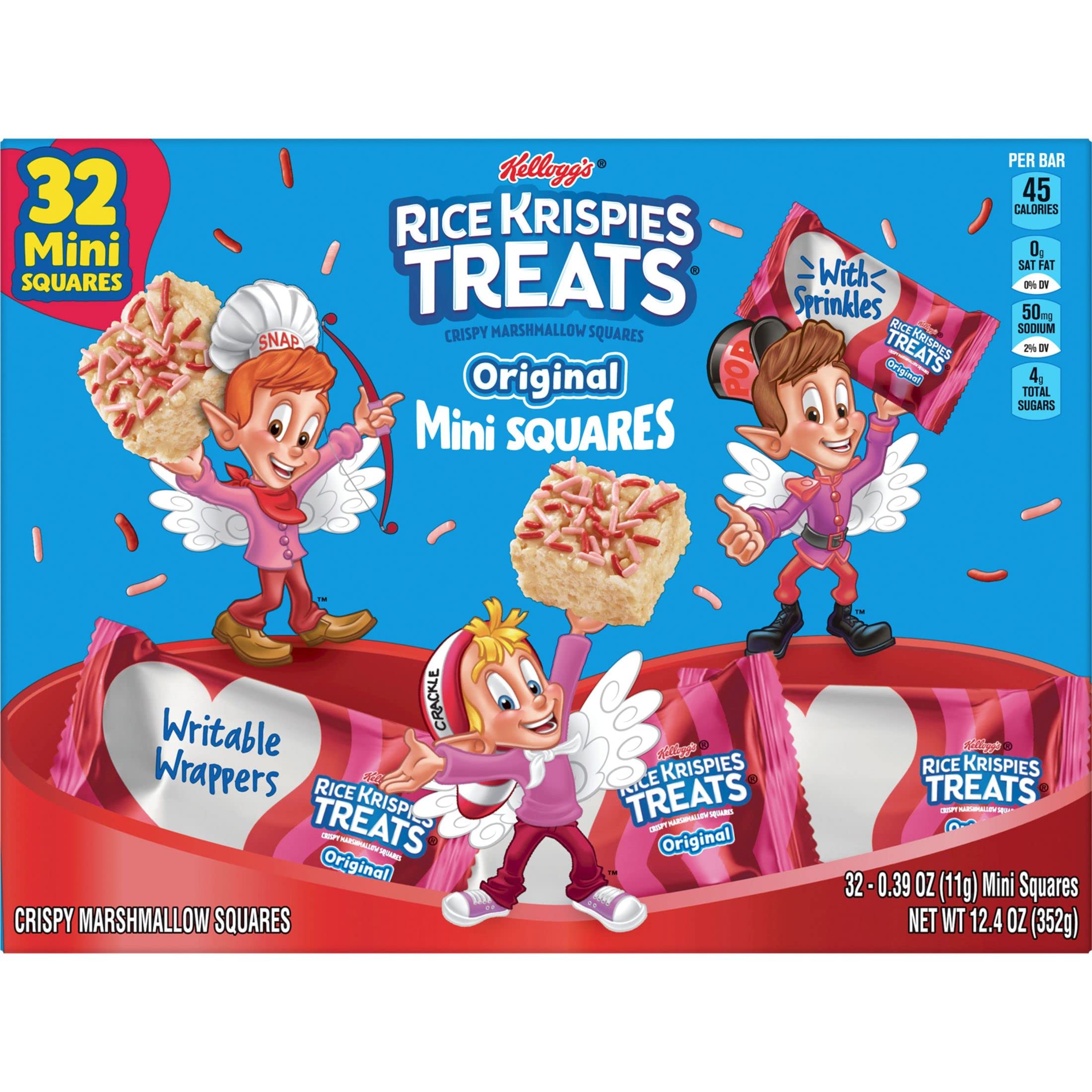 Rice Krispies Treats Mini Marshmallow Snack Bars, Valentine's Day Treats, Kids Snacks, Original with Holiday Sprinkles, 12.4oz Box (32 Bars)