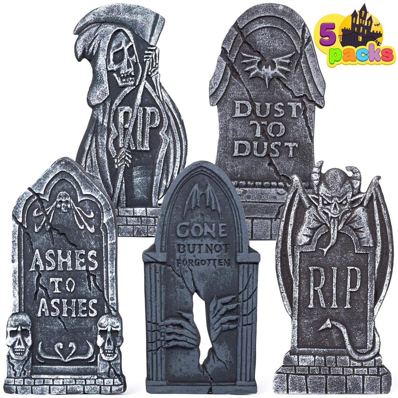 JOYIN 17” Halloween Tombstones for Graves Halloween Decorations Outdoor (5 Pack), Foam RIP Graveyard Headstone Decorations and 10 Bonus Metal Stakes for Halloween Yard Lawn Decorations