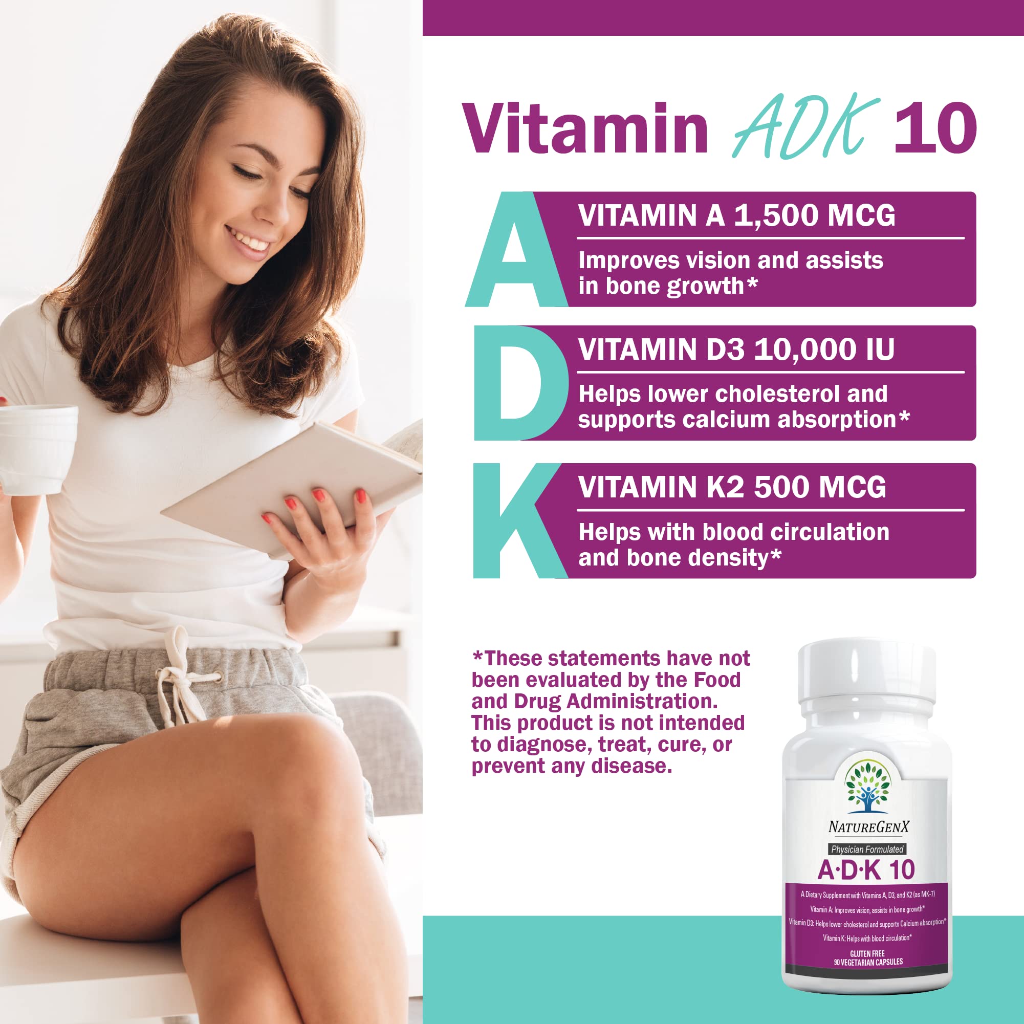 NatureGenX ADK 10 Supplement - Potent A, K2 & D3 Vitamin Supplement 10000 IU for Bone, Heart & Immune Support - 90 Count Easy-to-Swallow Vitamin ADK Supplement Capsules (3 Month Supply)