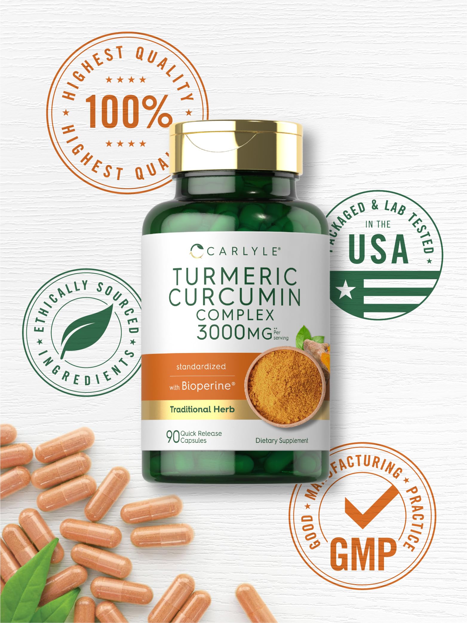 Carlyle Turmeric Curcumin with Black Pepper 3000mg | 90 Capsules | Turmeric Supplement with Bioperine | Non-GMO, Gluten Free Complex