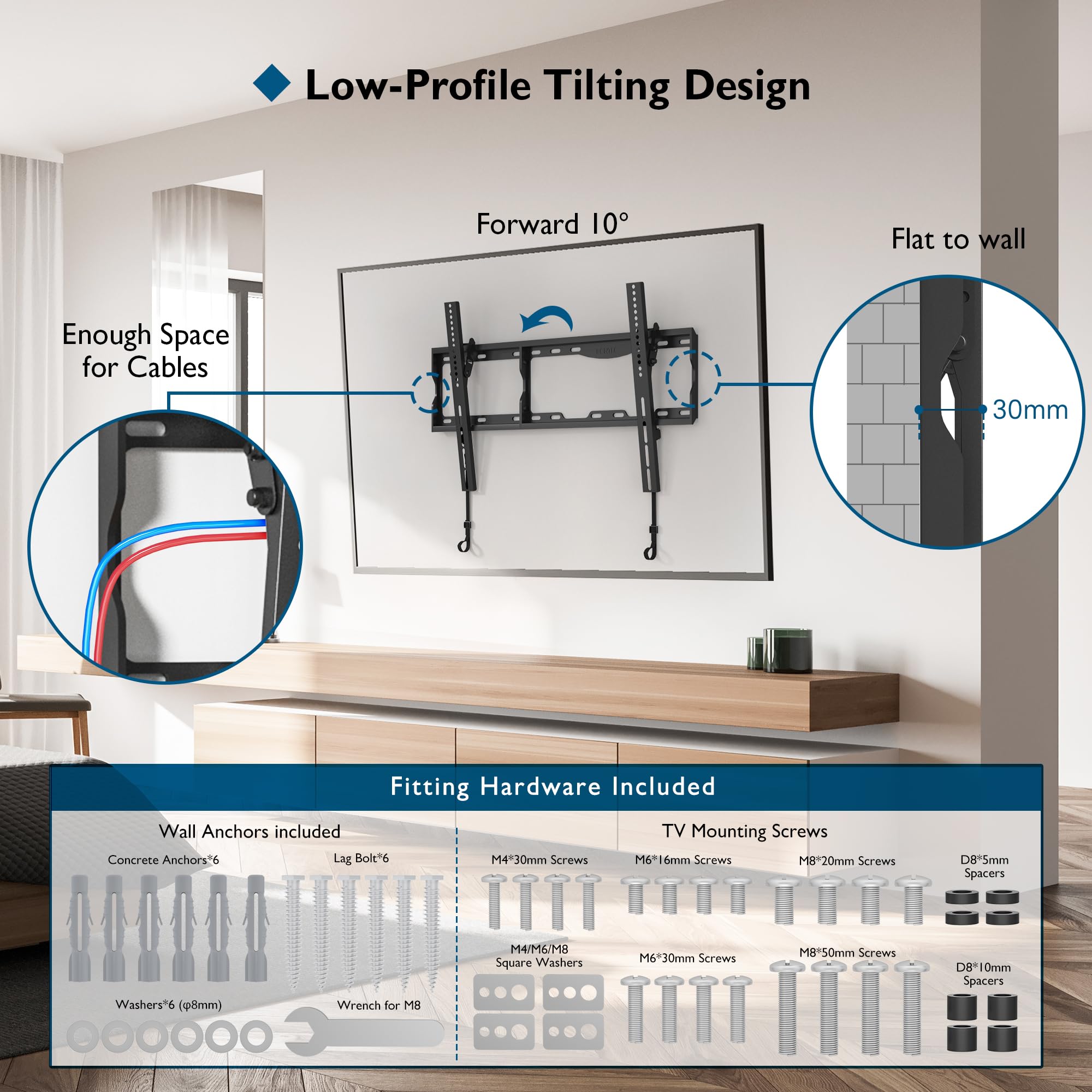 BONTEC Tilting TV Wall Mount for Most 17-86 inch LED OLED LCD Flat Curved Screen TVs, TV Wall Bracket Holds up to 165LBS, Max VESA 600 x400mm